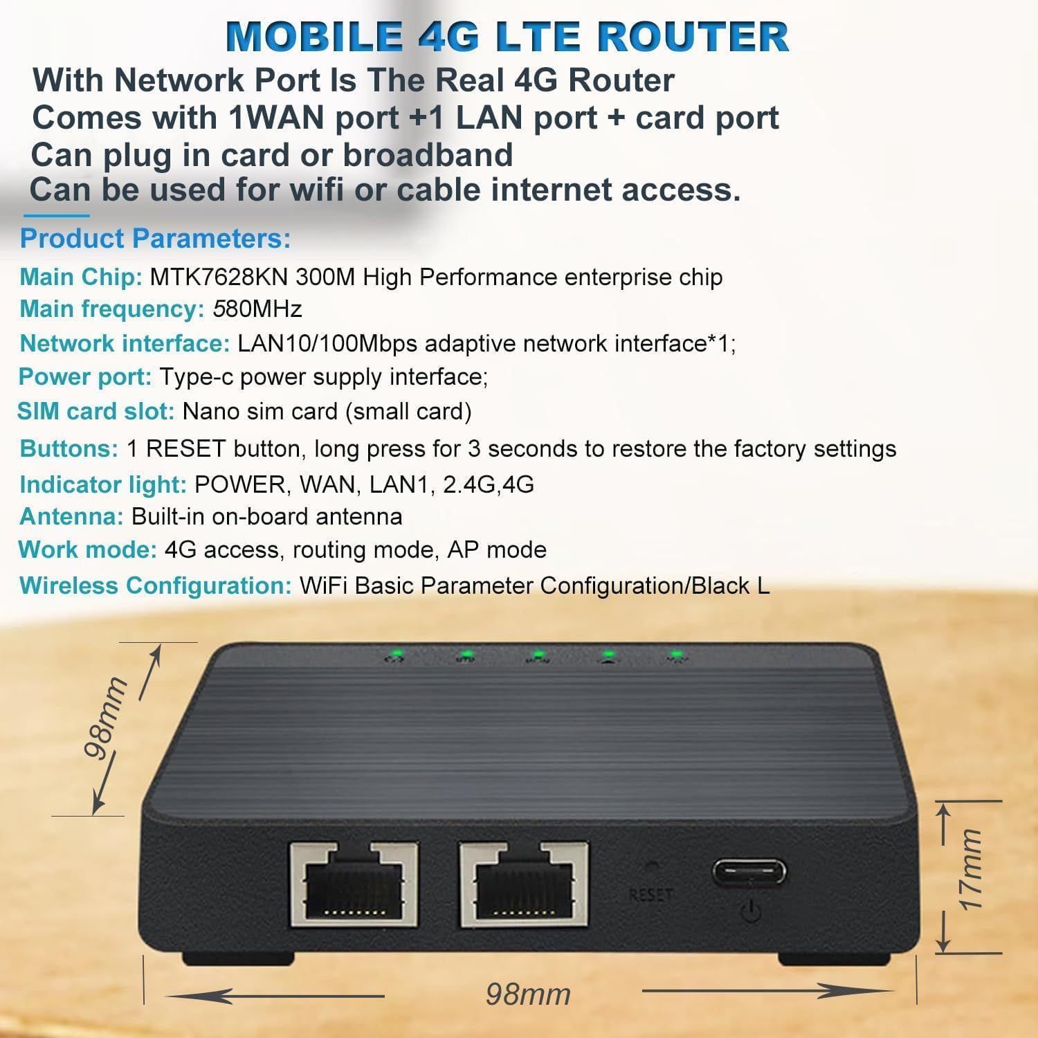 Router dimensions and product parameters