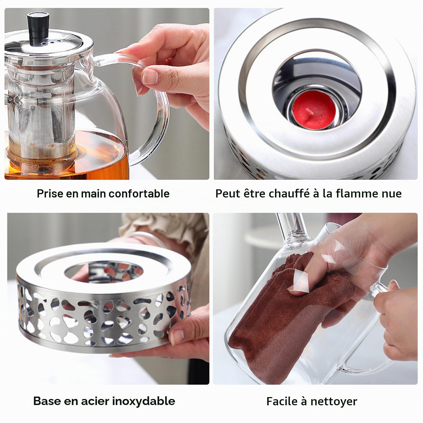 Théière en verre de 1,8 L avec infuseur et chauffe-plat, théière en verre avec infuseur en acier inoxydable et sous-verre de maintien au chaud, théière résistante à la chaleur pour thé en vrac et