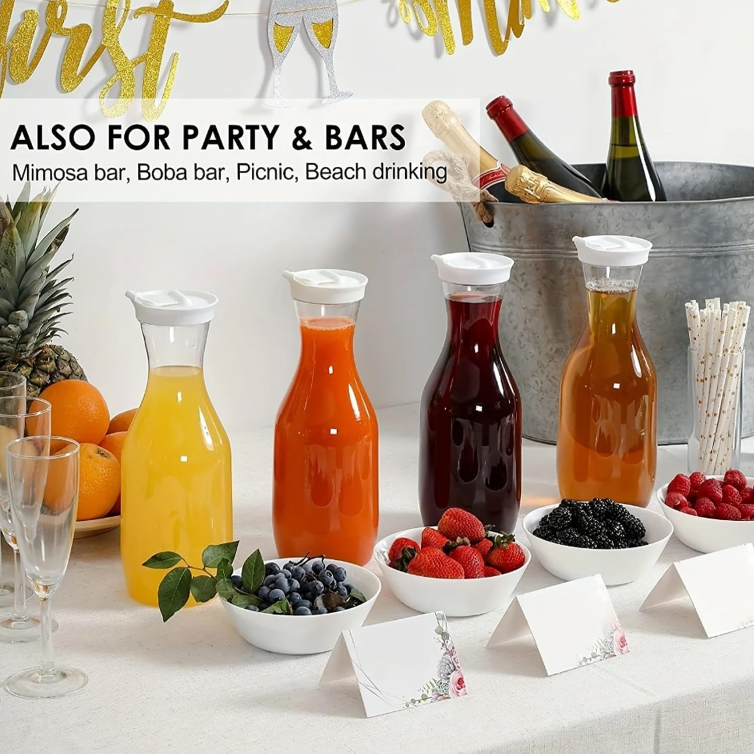 3-Pack 50 Oz Plastic Water Carafe Pitcher with Flip Top Lid, Round Base Juice Containers, Mimosa Bar Supplies Pitcher for Drinks, Water, Tea, Juice, Milk, Lemonade and Other Beverages - Image 6