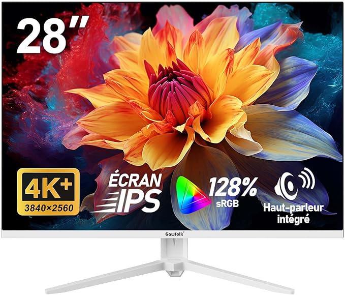 Gawfolk Écran PC UHD 4K 28 Pouces, Moniteur IPS Ultra HD (3840 × 2560 p), 3:2, 1,07 Milliard Couleurs, 128% sRGB, Haut-parleurs intégrés, Angle de Vision Large 178°, DisplayPort, HDMI, Blanc