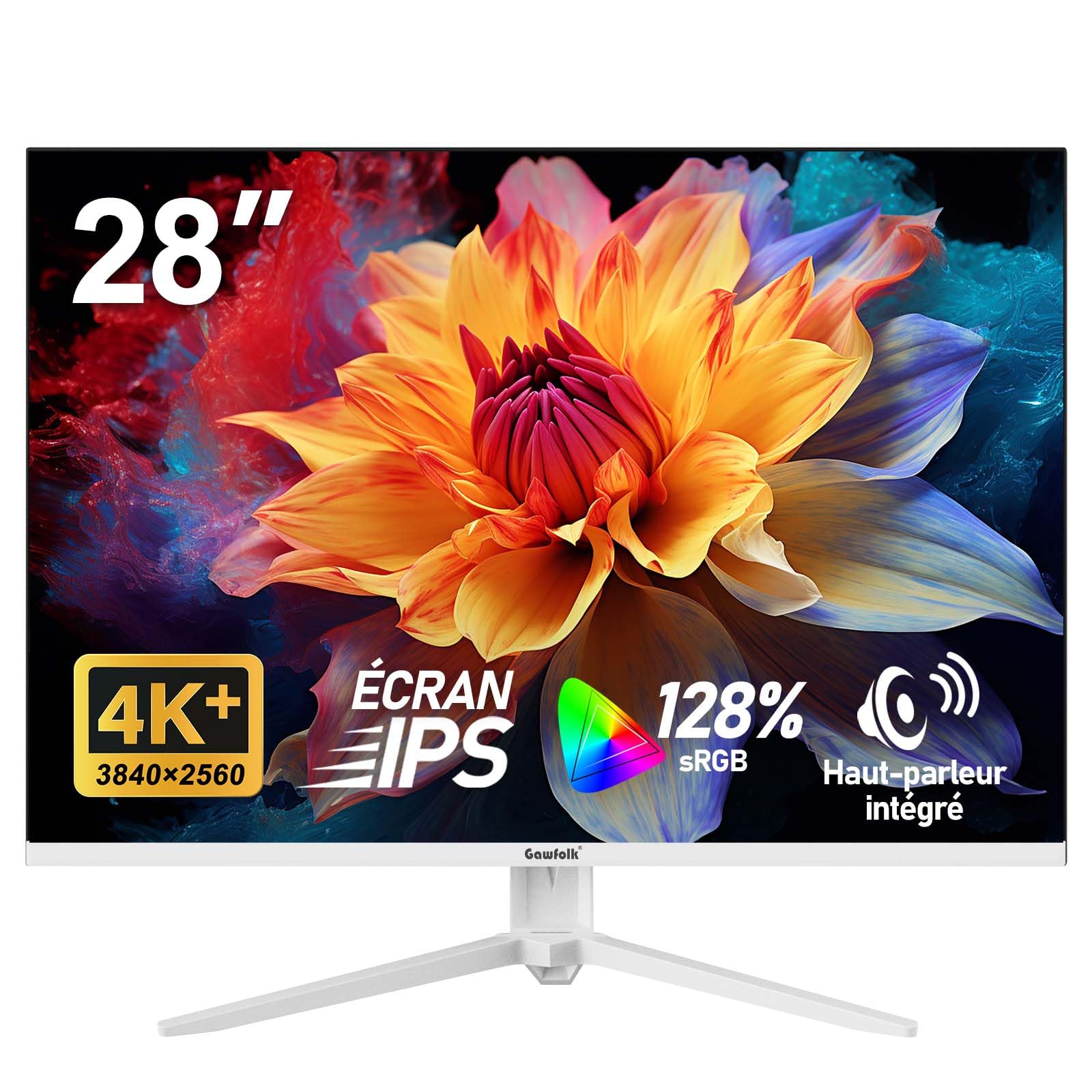 Gawfolk Écran PC UHD 4K 28 Pouces, Moniteur IPS Ultra HD (3840 × 2560 p), 3:2, 1,07 Milliard Couleurs, 128% sRGB, Haut-parleurs intégrés, Angle de Vision Large 178°, DisplayPort, HDMI, Blanc