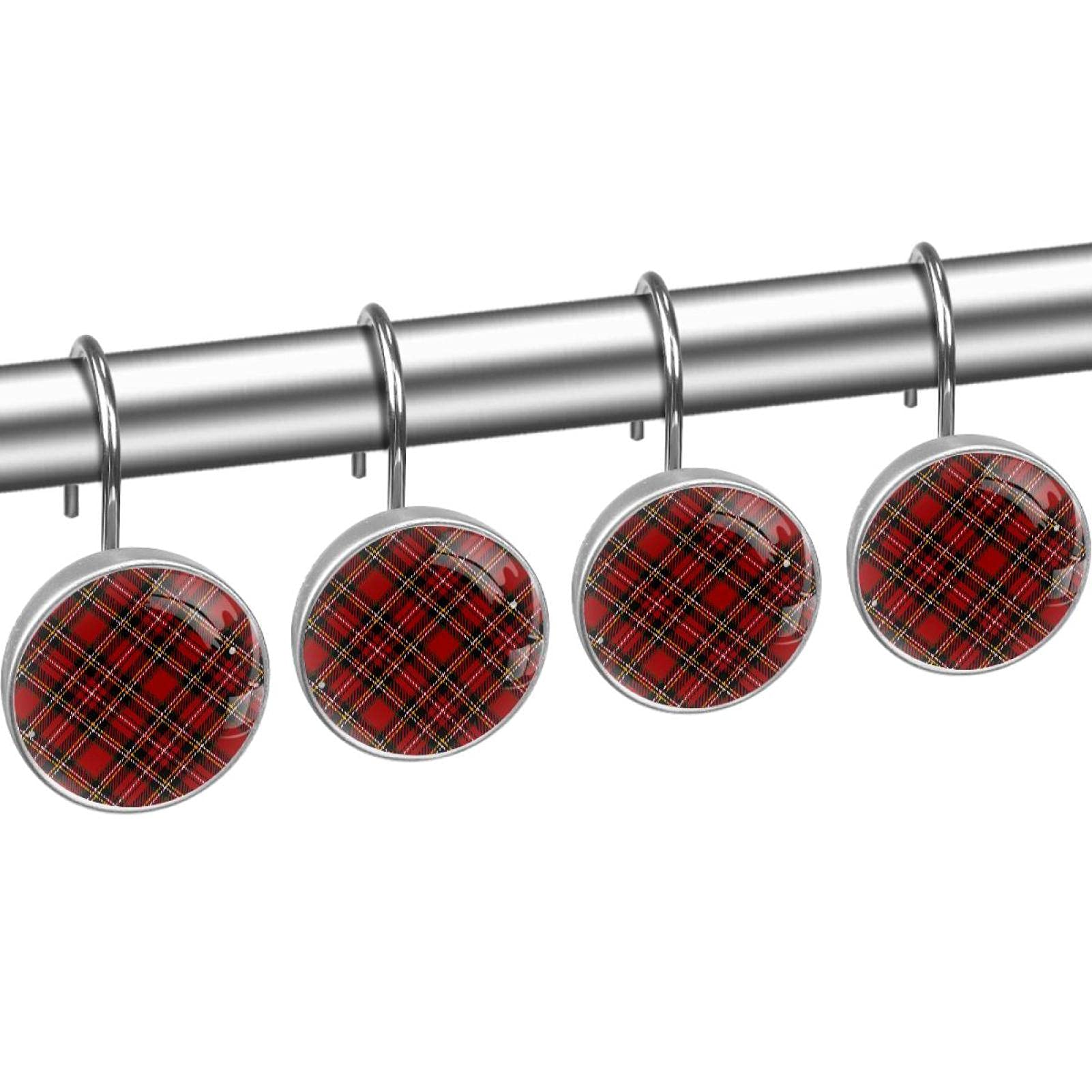 Burgundy Plaid Shower Curtain Hooks - Set Of 12 Rustproof Rings With Wood Grain Design - View #3