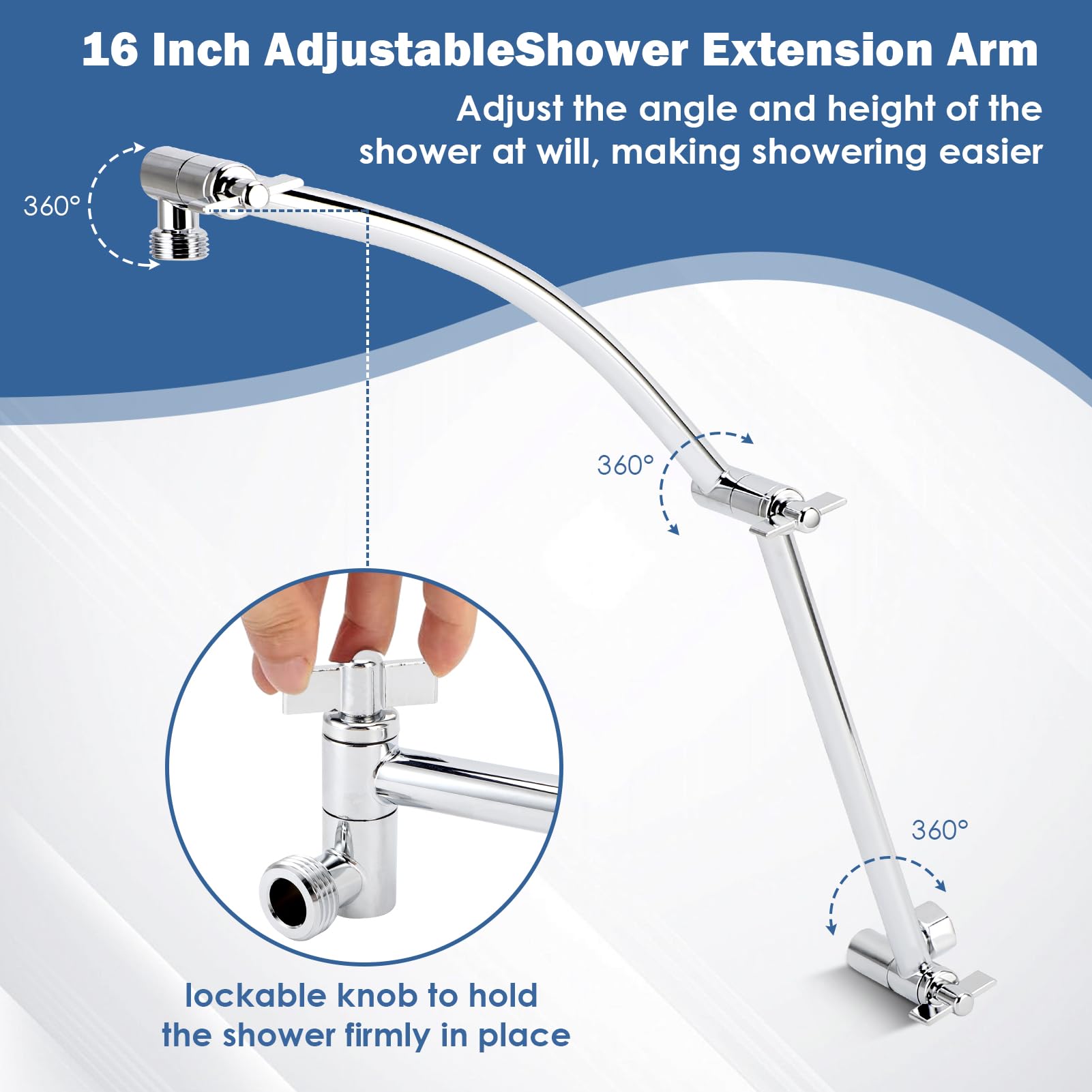 Extension de bras de douche entièrement en métal de 40,6 cm en laiton massif flexible en hauteur et angle réglables avec 2 joints de verrouillage, rallonge de pommeau de douche réglable durable (40,6