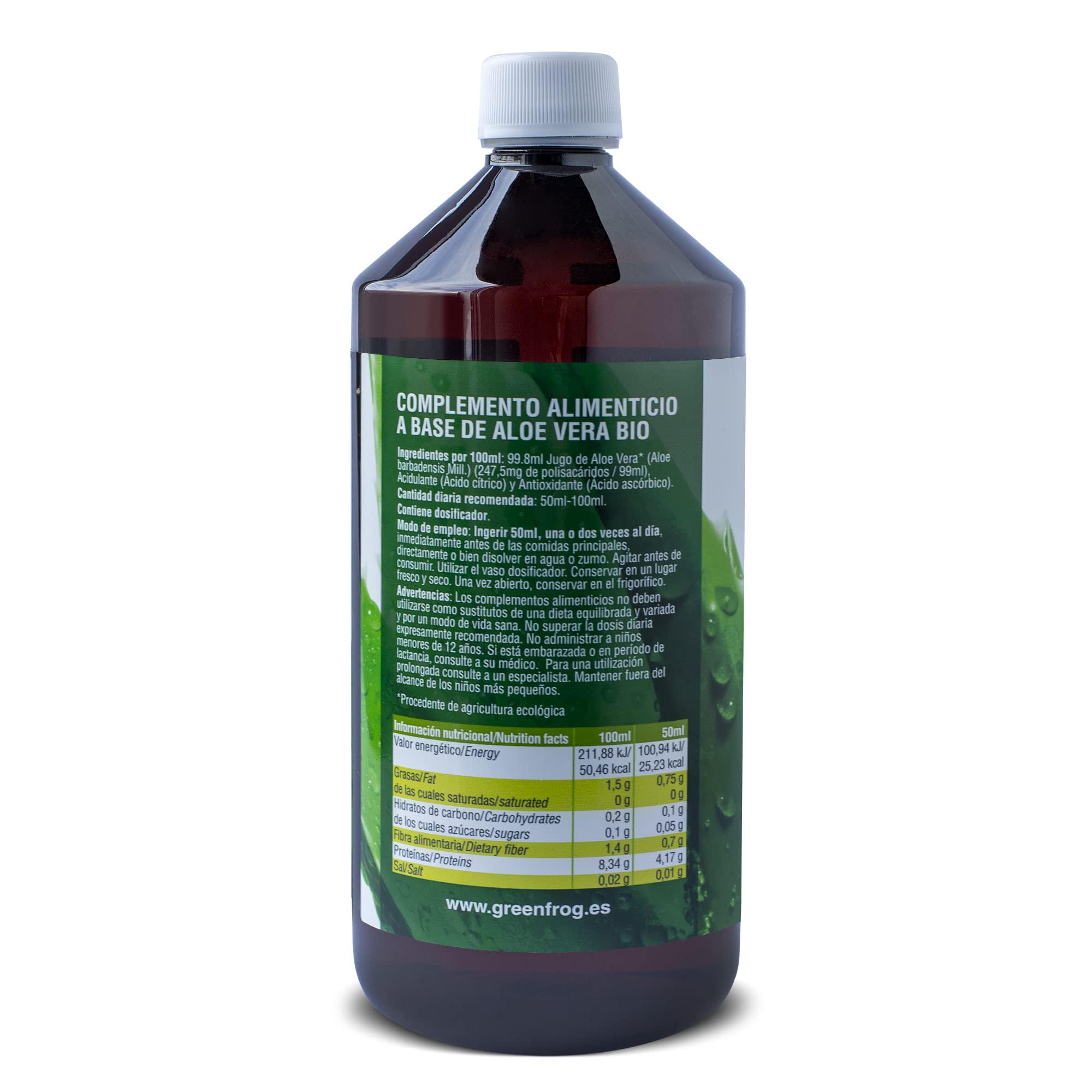 Green Frog - Jugo de Aloe Vera (99,8%) con Pulpa - 1 Litro - 100% Ecológico - Rico en Vitaminas A, C, E y Grupo B - Aminoácidos Esenciales - Botella de PET - Libre de Aloínas