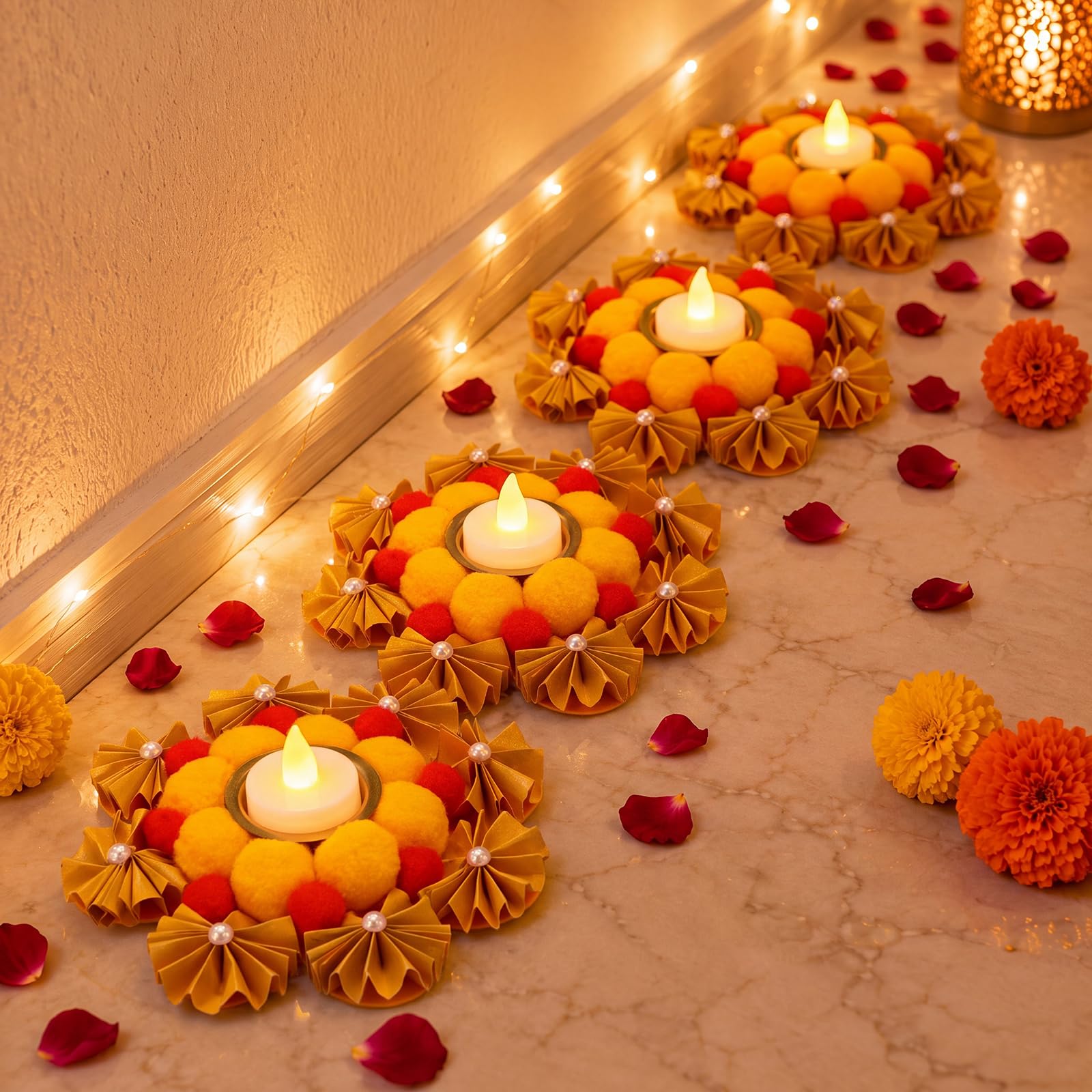 LemonRoad Confezione da 7 tappetini decorativi per Diwali Rangoli da 15,2 cm, per lumini LED, fatti a mano, decorazione per la casa, candele LED, decorazioni con pompon per regalo Pooja