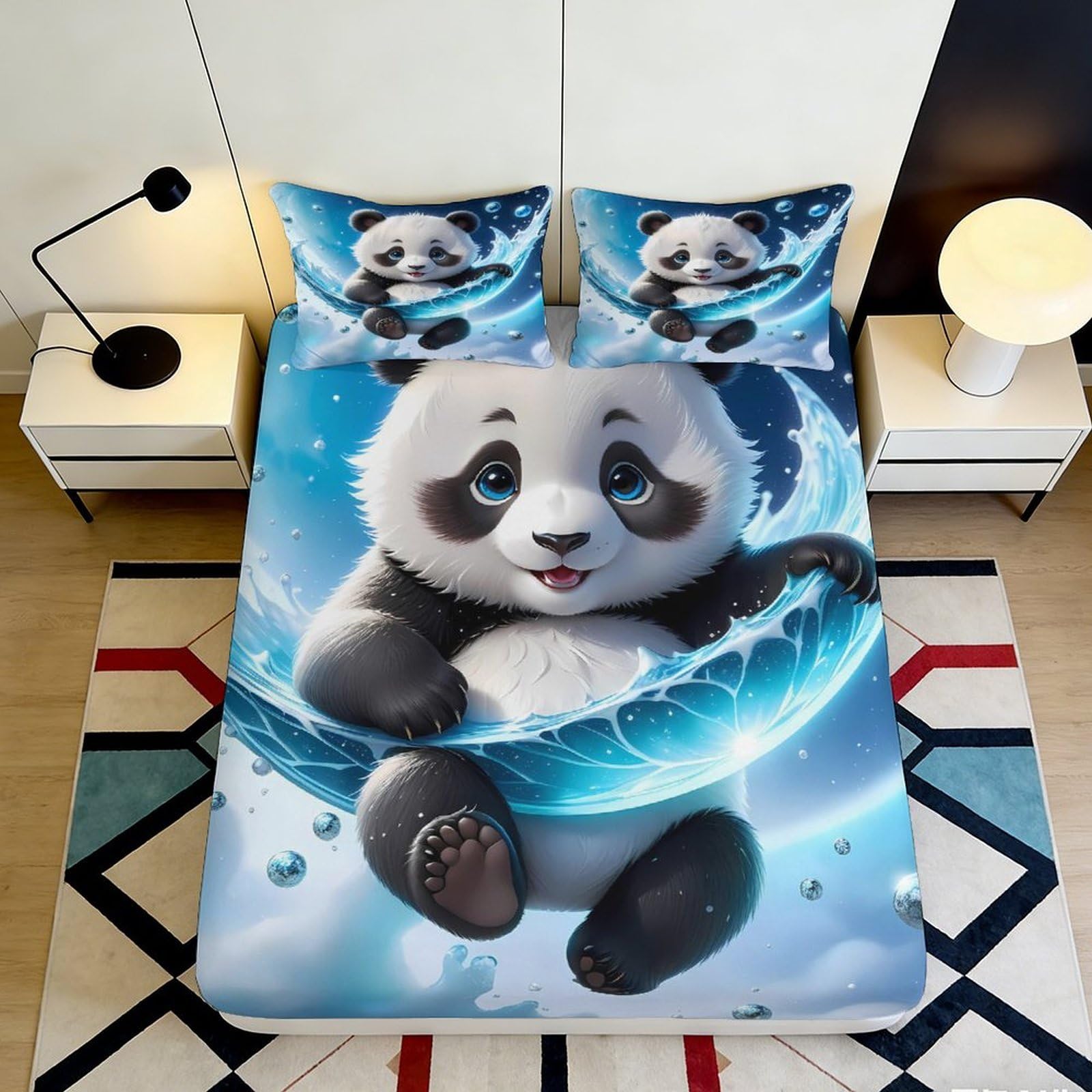 Jqzkxnhpbr Style-7 3D Printed Cute Panda Fitted Sheet Microfiber Soft Blue Cartoon Bed Cover For Bedroom Dorm Mattress Protection Decor 90X200x25cm