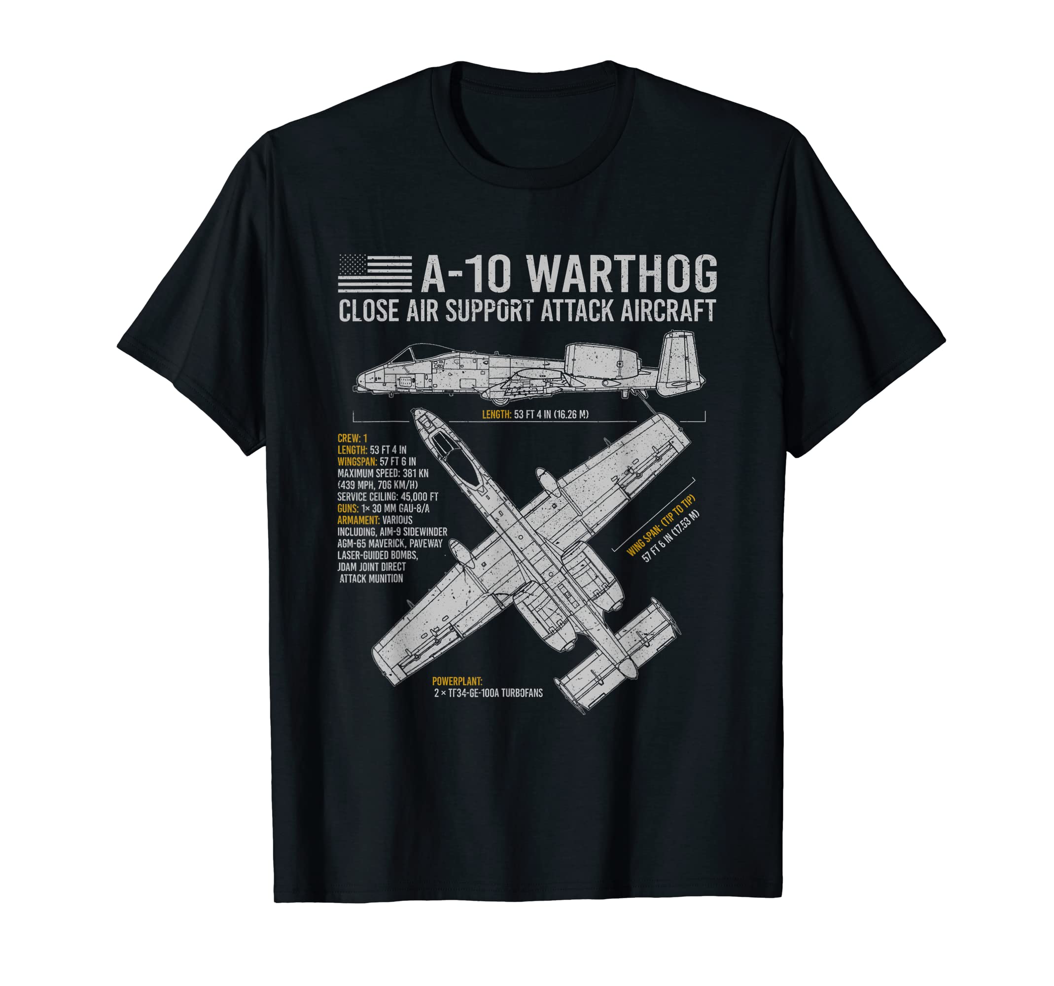 A-10 Warthog Thunderbolt II Aircraft Airplane Blueprint Fact T-Shirt