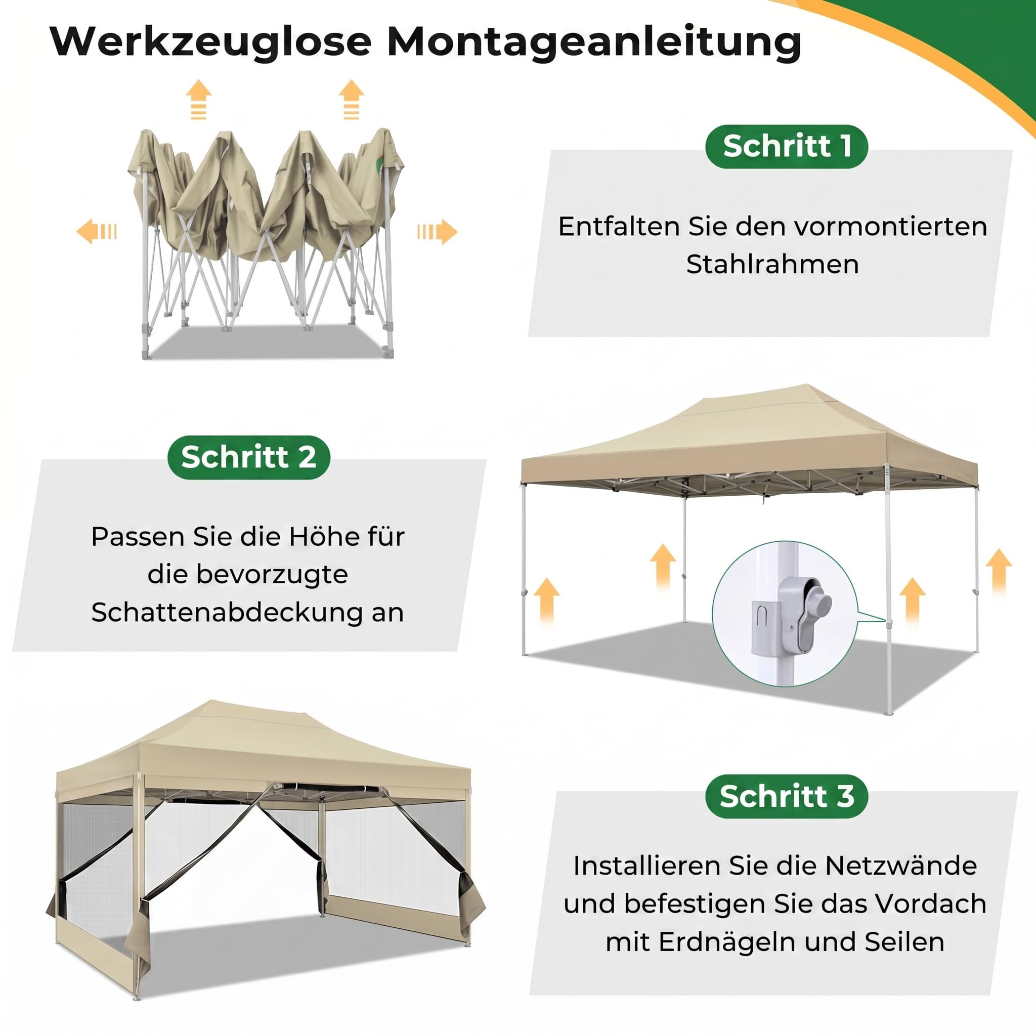 COBIZI Faltpavillon 3x4,5 Wasserdicht Stabil, Partyzelt Faltbar mit 4 Seitenwänden Moskitonetz Pop Up Gartenpavillon Anti-UV für Garten, 420D Oxford, Tragetasche mit Rollen, Khaki