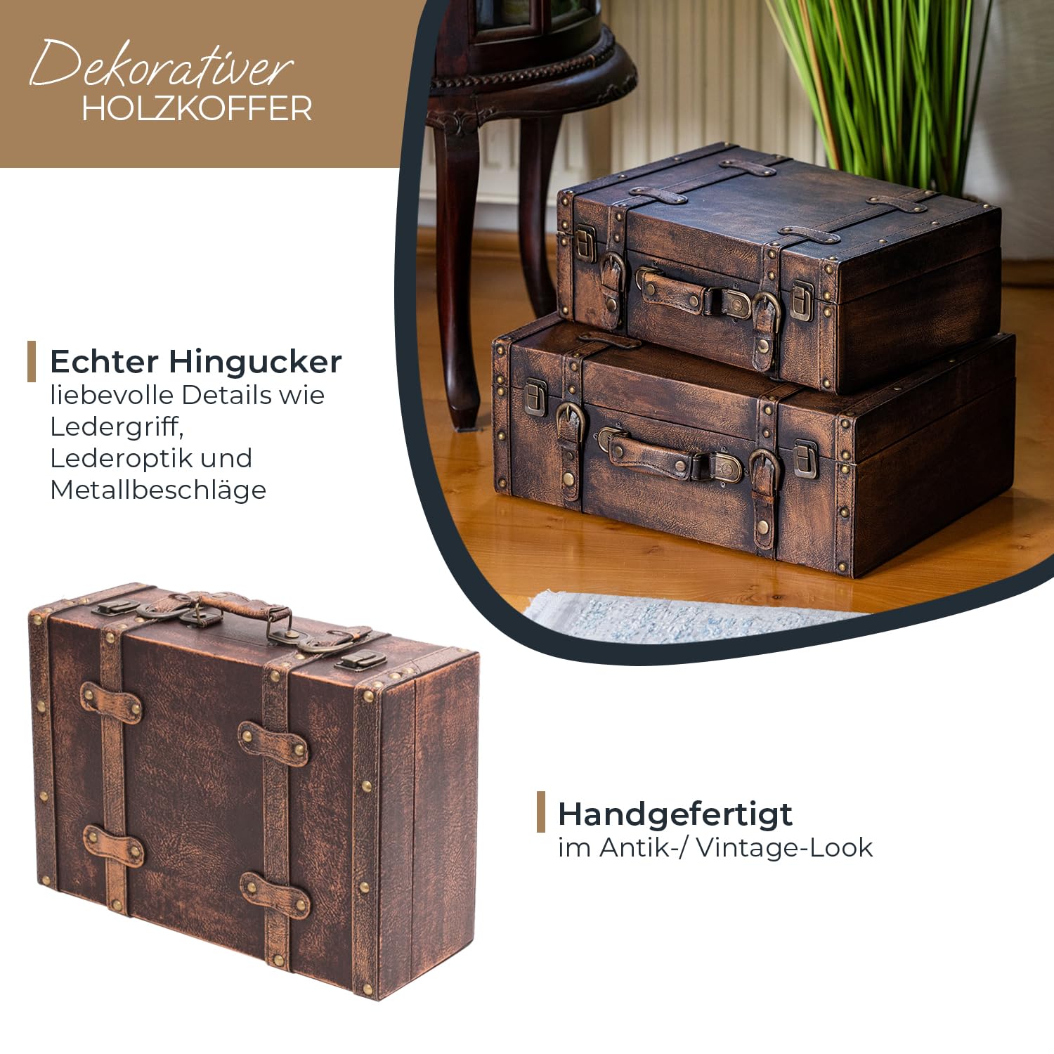 HMF Vintage Deko Koffer aus Holz, Aufbewahrungsbox mit Deckel und Ledergriff, stilvolle Aufbewahrung und Geschenkidee für Hochzeit oder Geburtstag | Klassik | 38 x 26 x 13 cm