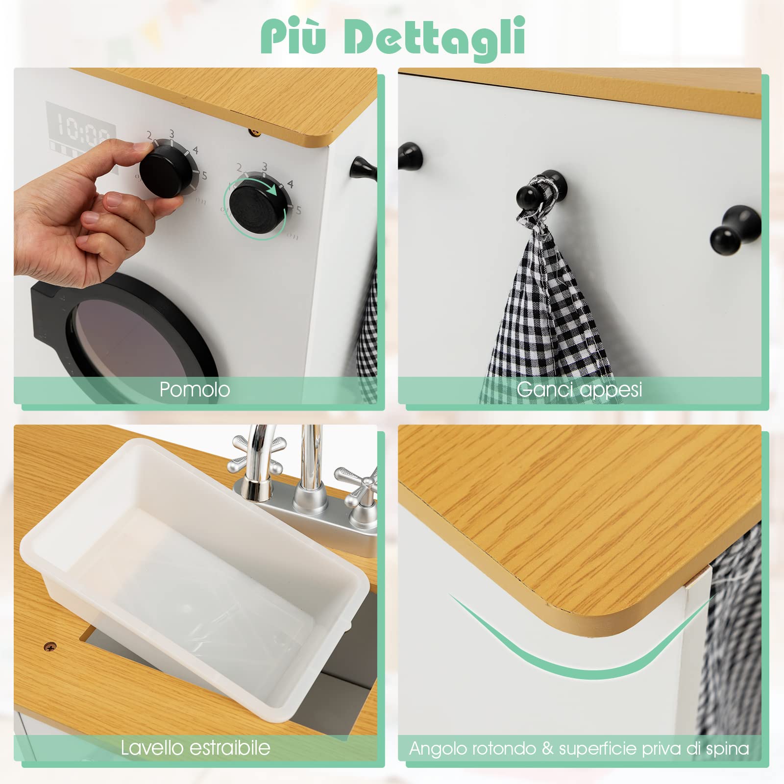 COSTWAY Cucina Giocattolo per Bambini, Cucina Legno per Bambini con Lavatrice, Macchina da Caffè, Forno, Microonde, Lavello e Rubinetto, Funzione Luci e Suoni, per Bambini 3+ Anni