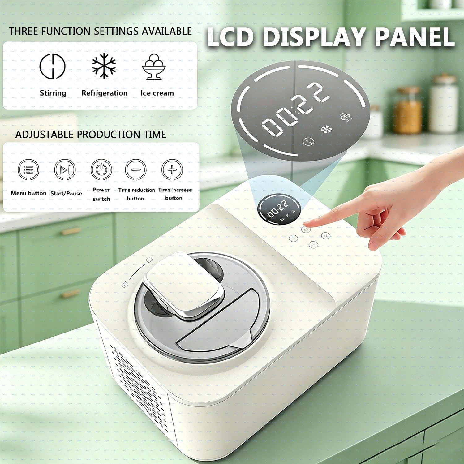 Heladera y Postrera Automática 1,2L | Compresor | Sin Precongelado | Máquina Helado Suave para Helado, Sorbete & Yogur en 30 Min – 4 Modos, Pantalla Digital, Mantiene Frío 10 Min