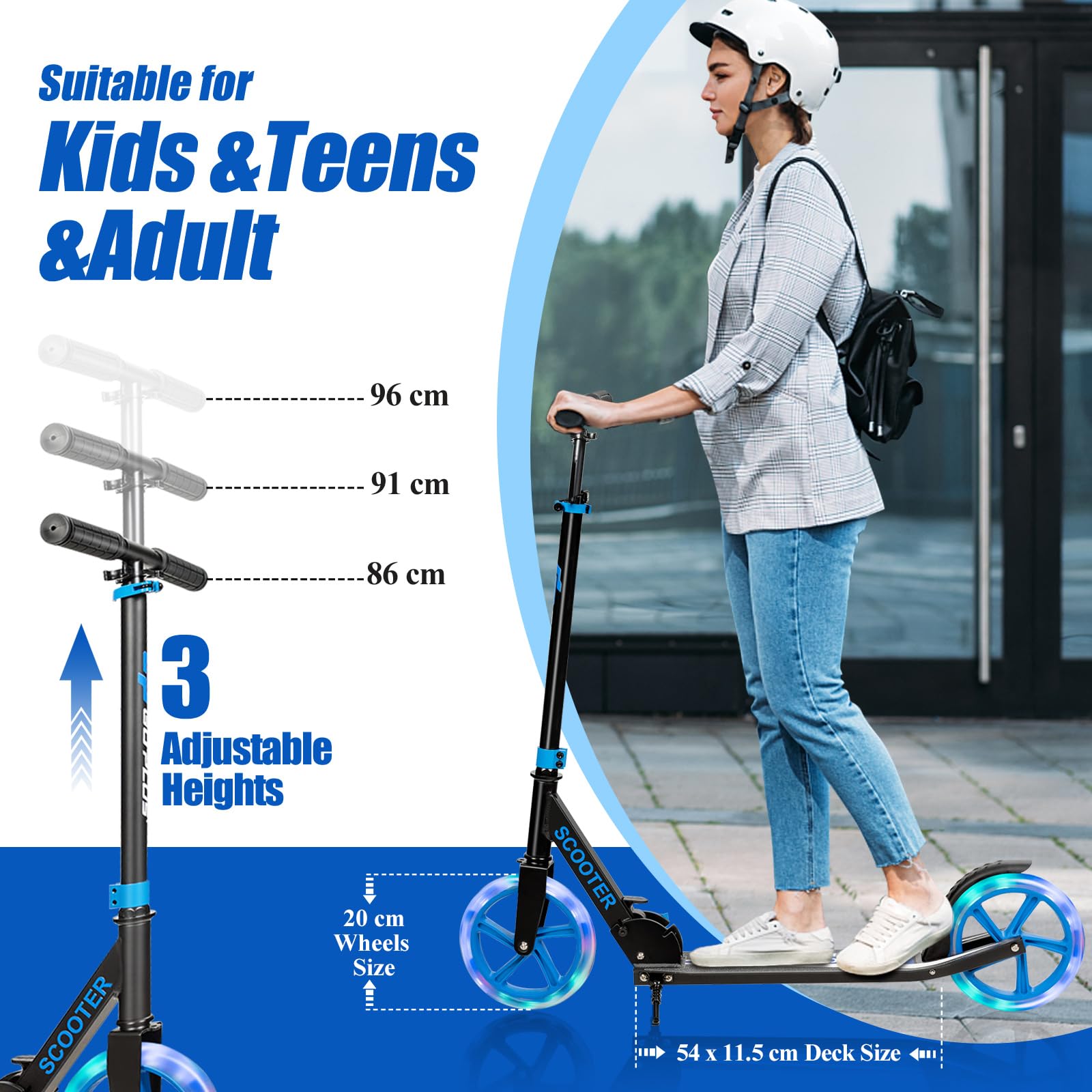 KOMFOTTEU Patinete Plegable para Niños y Adultos, Scooter con Manillar Altura Ajustable en 3 Niveles y 2 Ruedas Luminosas con Freno, Patinete Portátil con Carga de 110 kg