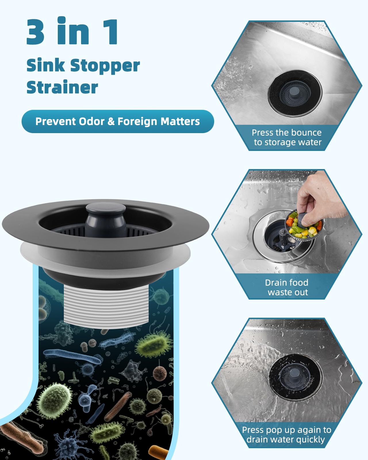 Hygie Rinse 3-in-1 Kitchen Sink Stopper Strainer, 304 Stainless Steel Pop Up Sink Drain Strainer with Handle Rod for US Standard 3-1/2 inch Drain Filter, Anti-Clog 2