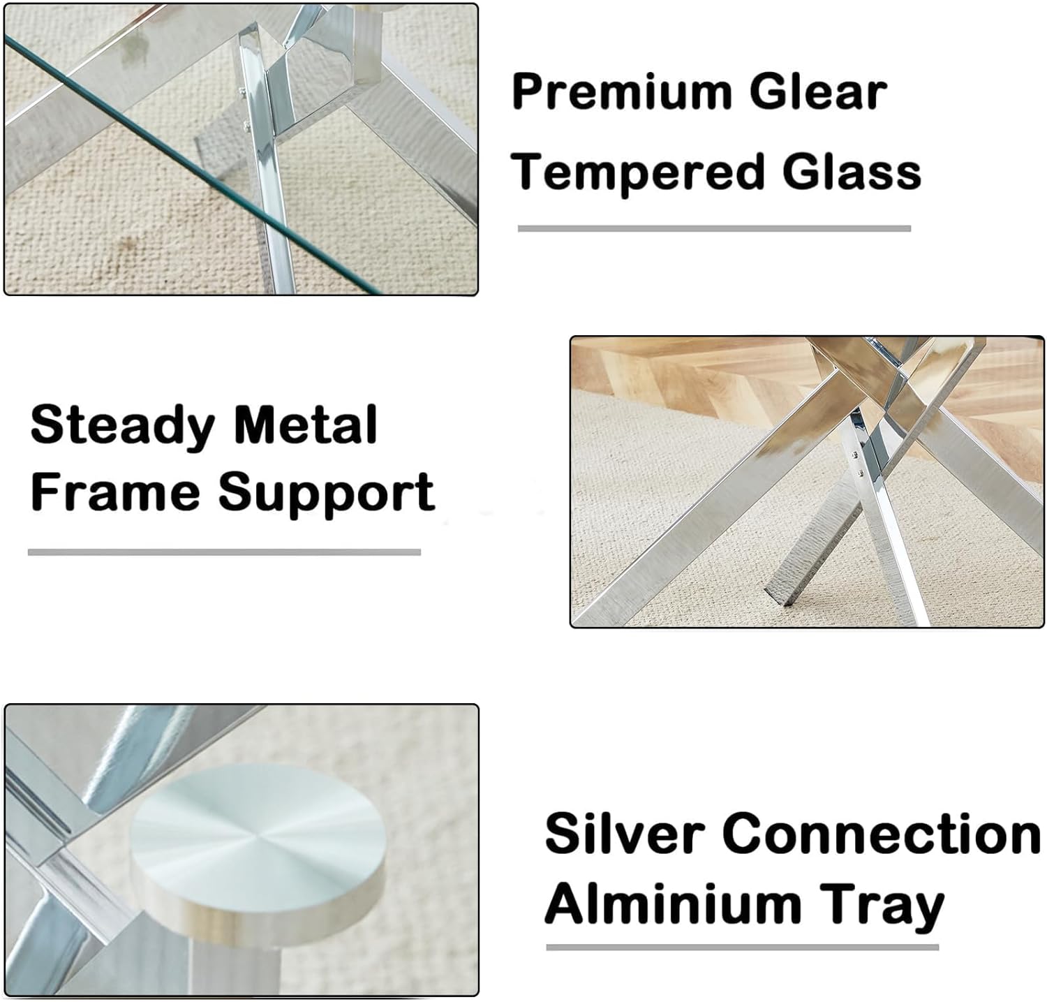 5 Piece Dining Table Set for 4, 51in Glass Dining Table Set with 4 Upholstered Dining Chairs, Blue Tufted Chair & Dining Room Table Set w/Silver Metal Legs, Glass Kitchen Table and Chair Set for 4