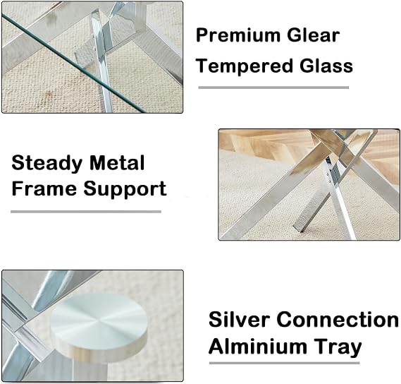 60.63'' Glass Dining Table Set with 6 Fabric Chairs,Rectangular Dining Room Table and Chair Set for 6, Glass Kitchen Table Set for 6, Sturdy Metal Legs, 7-Piece Dininer Set for Home Kitchen