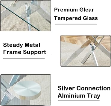 60.63'' Glass Dining Table Set with 6 Fabric Chairs,Rectangular Dining Room Table and Chair Set for 6, Glass Kitchen Table Set for 6, Sturdy Metal Legs, 7-Piece Dininer Set for Home Kitchen