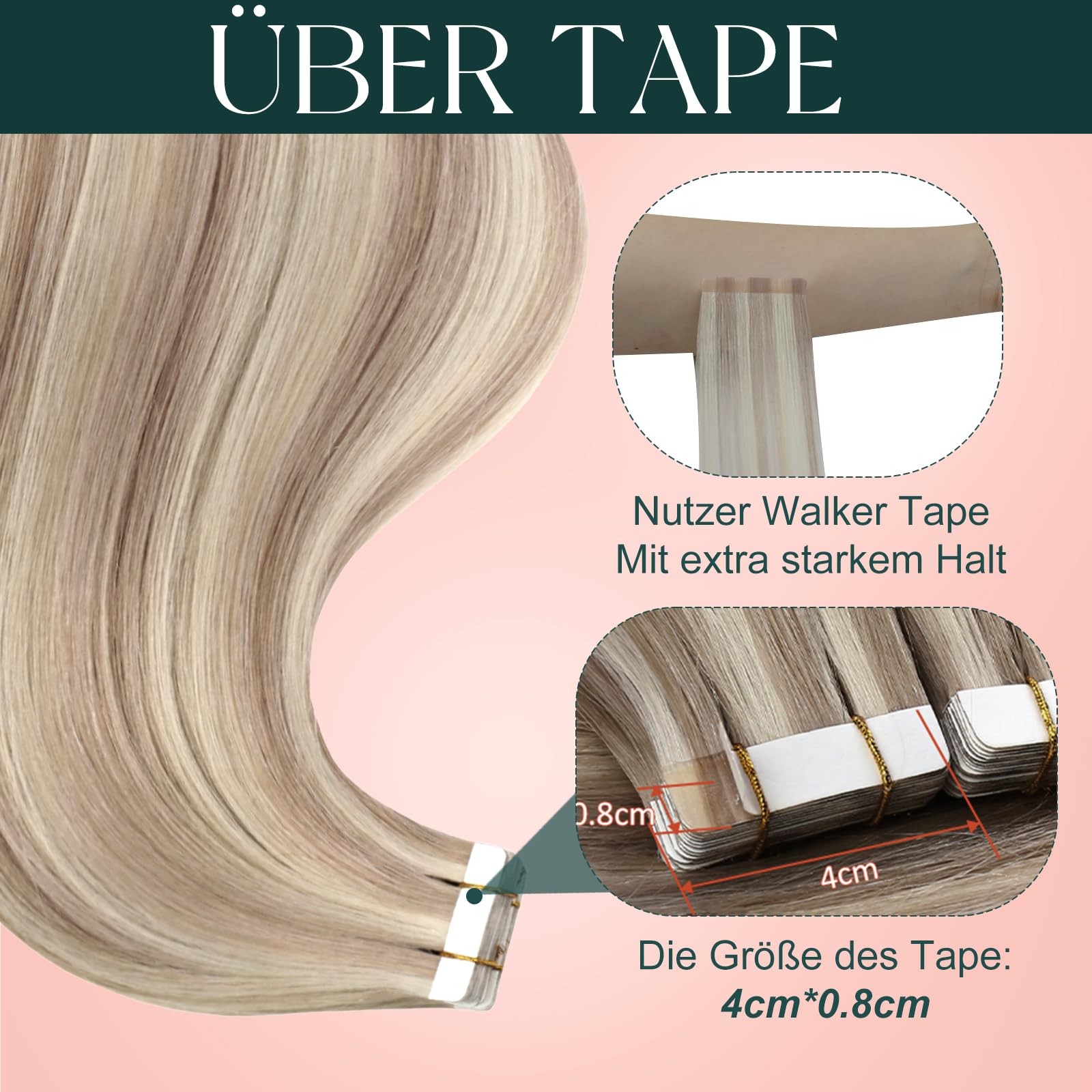 Easyouth Balayage Extensions Tape on Haar 16 Zoll 40g 20Stück pro Paket Aschblondes Highlight mit Hellblond Extension Tape in Echthaar Tape on Extensions Löser