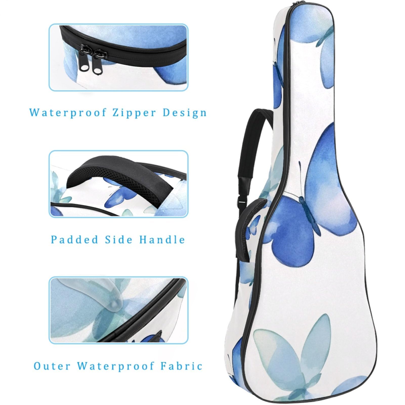 43 Zoll Akustikgitarre Softcase mit Rucksackgurt und 2 Taschen Grün Blau Schmetterlinge Keine Polsterung Rucksack Wasserdicht Oxford Tuch Bassgitarre Gigbag für Konzertgitarre, mehrfarbig,