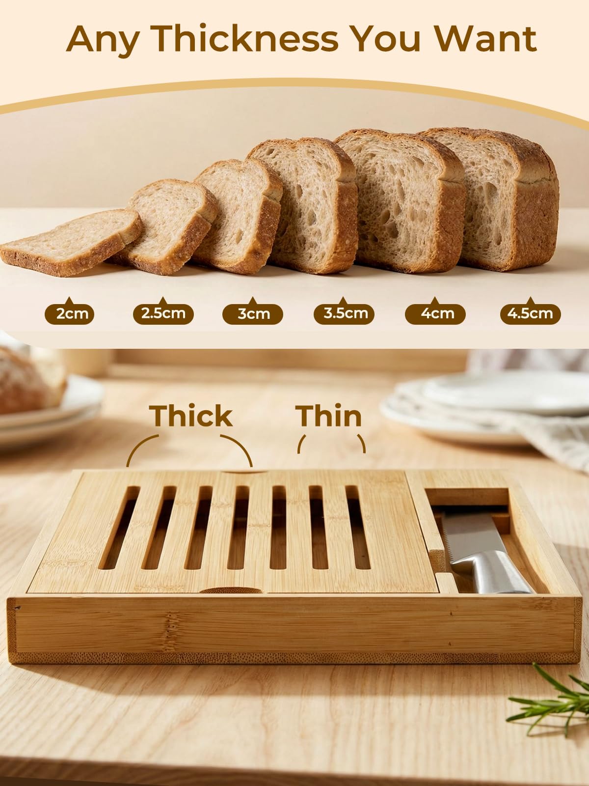 FOHERE Tabla Cortar Pan Bambú Bandeja Recogemigas, Cuchillo Pan Incluido | Bambú Ecológico, Bandeja Recogemigas Extraíble, 2-En-1 Corte/Servicio, Adecuado Para Baguette/Croissant, 38 X 24,8 X 3 cm
