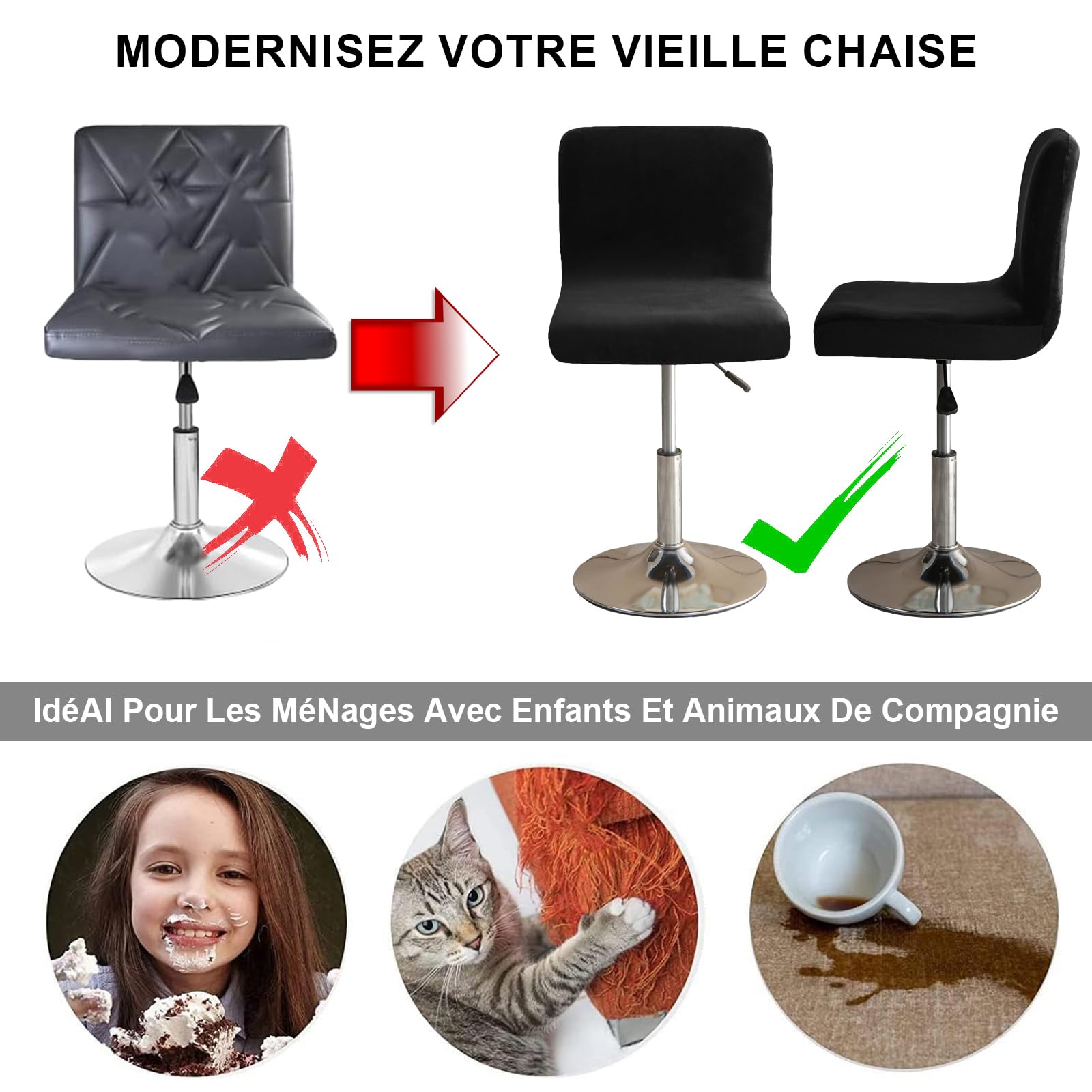 Housses De Chaise De Bar avec Dossier, Élastique Velours Tissu Housses De Tabouret De Pub Amovible Courte Arrière Pivotant Couverture De Chaise-Le Noir-4 Pièces