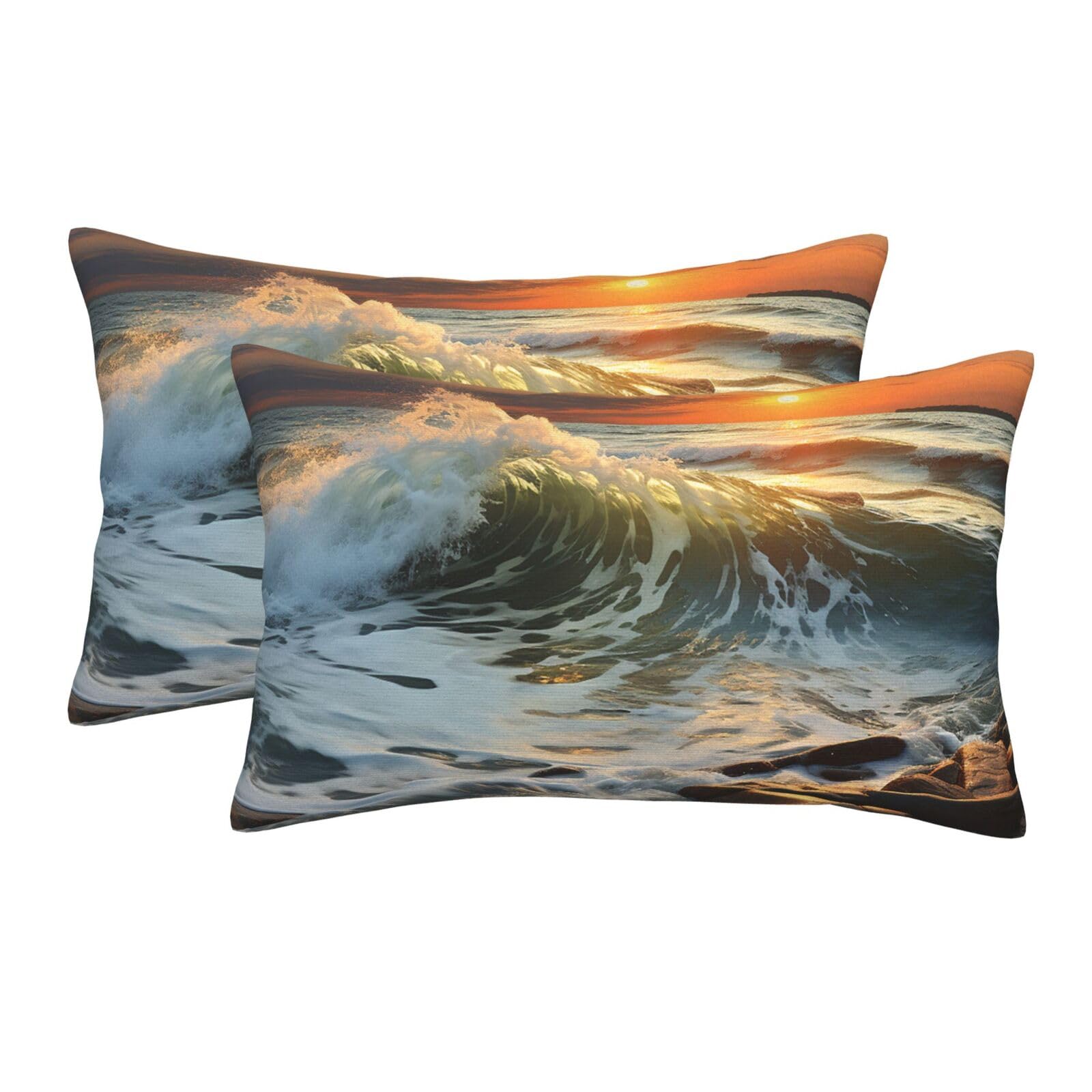 2 Pack Pillow Cases with Hidden Zipper, Soft Breathable Pillow Covers for Hair and Skin, Rocky Wave Sunset Painting Pillowcases 20"x30" Bed Pillow Protectors Cover for Sleeping Gifts