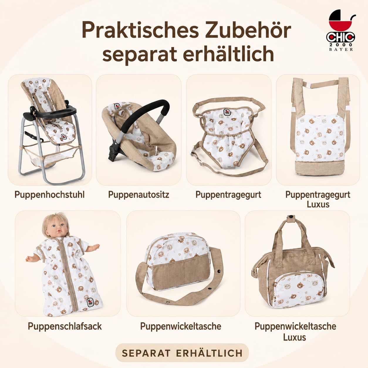 Bayer Chic 2000 Wózek dla lalek Mika, wózek 2 w 1, dla dzieci w wieku od 4 do 8 lat, wózek dla lalek do 52 cm, beżowe misie | Duży wózek dla lalek kombi 2 w 1 z regulowanym fotelem sportowym dla lalek do 52 cm. Beżowy miś, uchwyt 47-80 cm, od 3 lat
