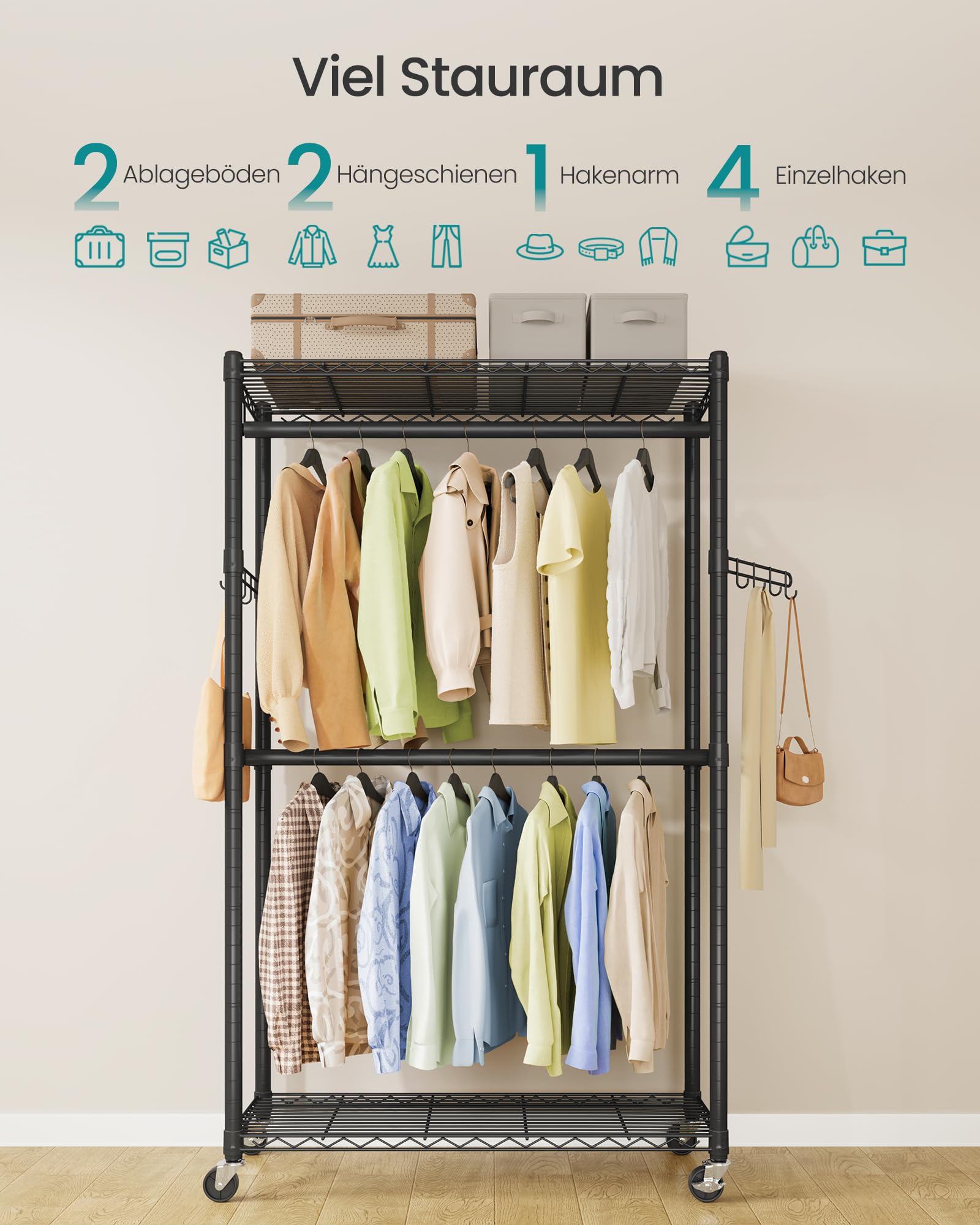 SONGMICS Kleiderständer, Schwerlast, 2 Kleiderstangen, bis 192 kg | Garderobenständer aus Stahl, mit Rollen, Höhenverstellbar, 2 Ablagen, 90 x 40 x 199 cm, DALTEN Kollektion LGR416BH01