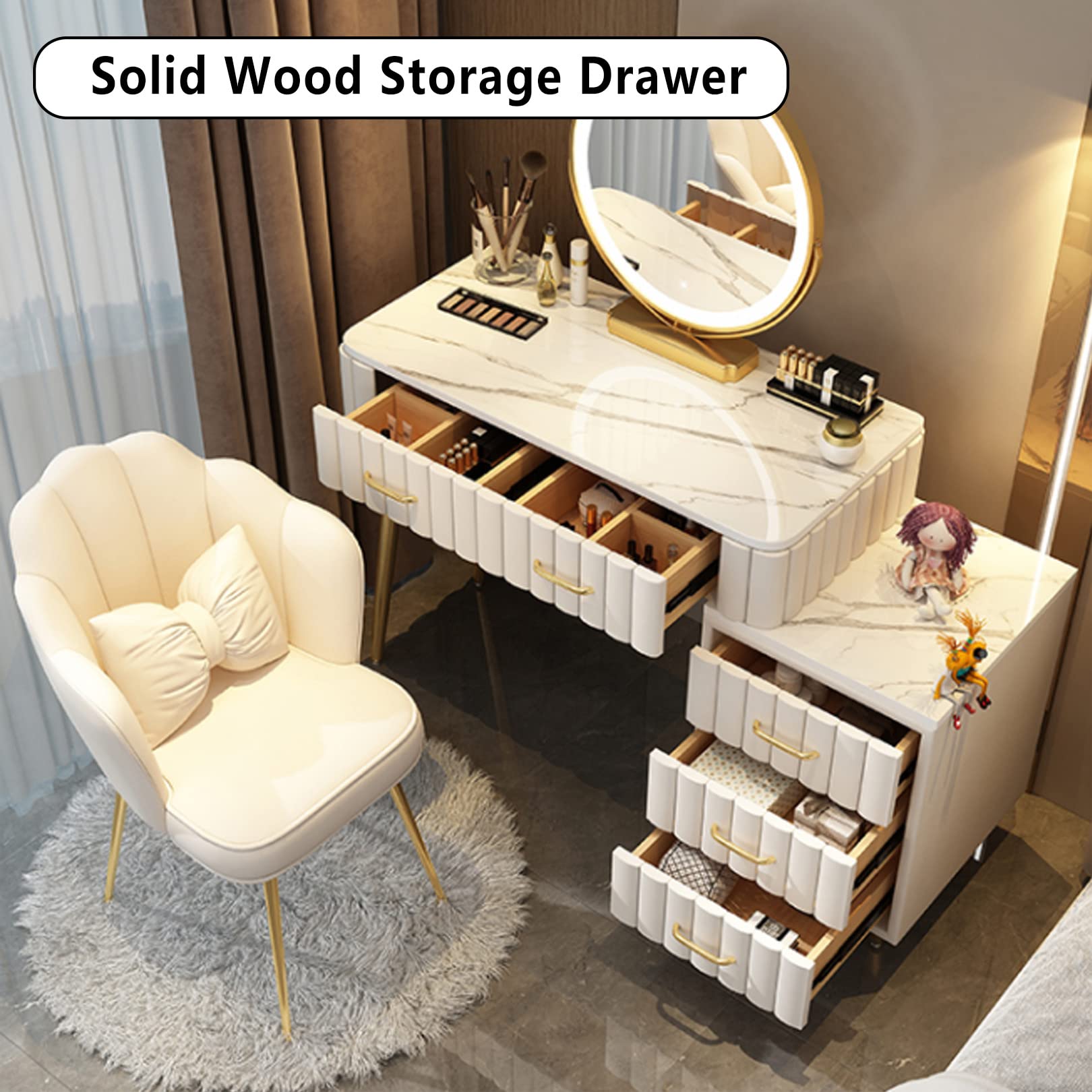 Tavolo da trucco illuminato con specchio regolabile in 3 colori, sgabello morbido imbottito, 5 cassetti, elegante design rosa, 80 cm, toeletta per gli amanti della bellezza