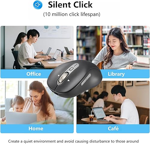 Miniatura 7 de Inalámbrico - Ratón silencioso Bluetooth, mouse recargable portátil con cable de carga tipo C, navegación de 4 vías, receptor USB y dos BT, 3200 DPI