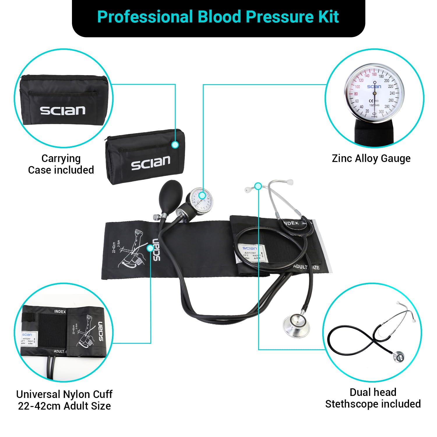 Scian Tensiómetro manual manguito de brazo 22–42 cm con estetoscopio de doble cabeza y estuche de transporte enfermera, médico, mayores, uso doméstico (negro)