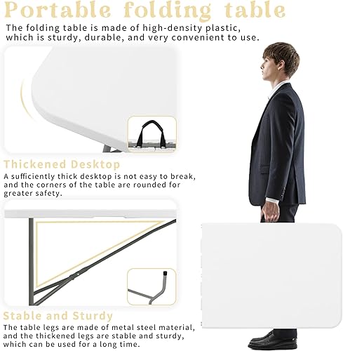 Miniatura 3 de Juego de 2 mesas plegables de 6 pies, mesa de camping ligera y portátil, de plástico, rectangular, mesa de comedor al aire libre, patas de acero