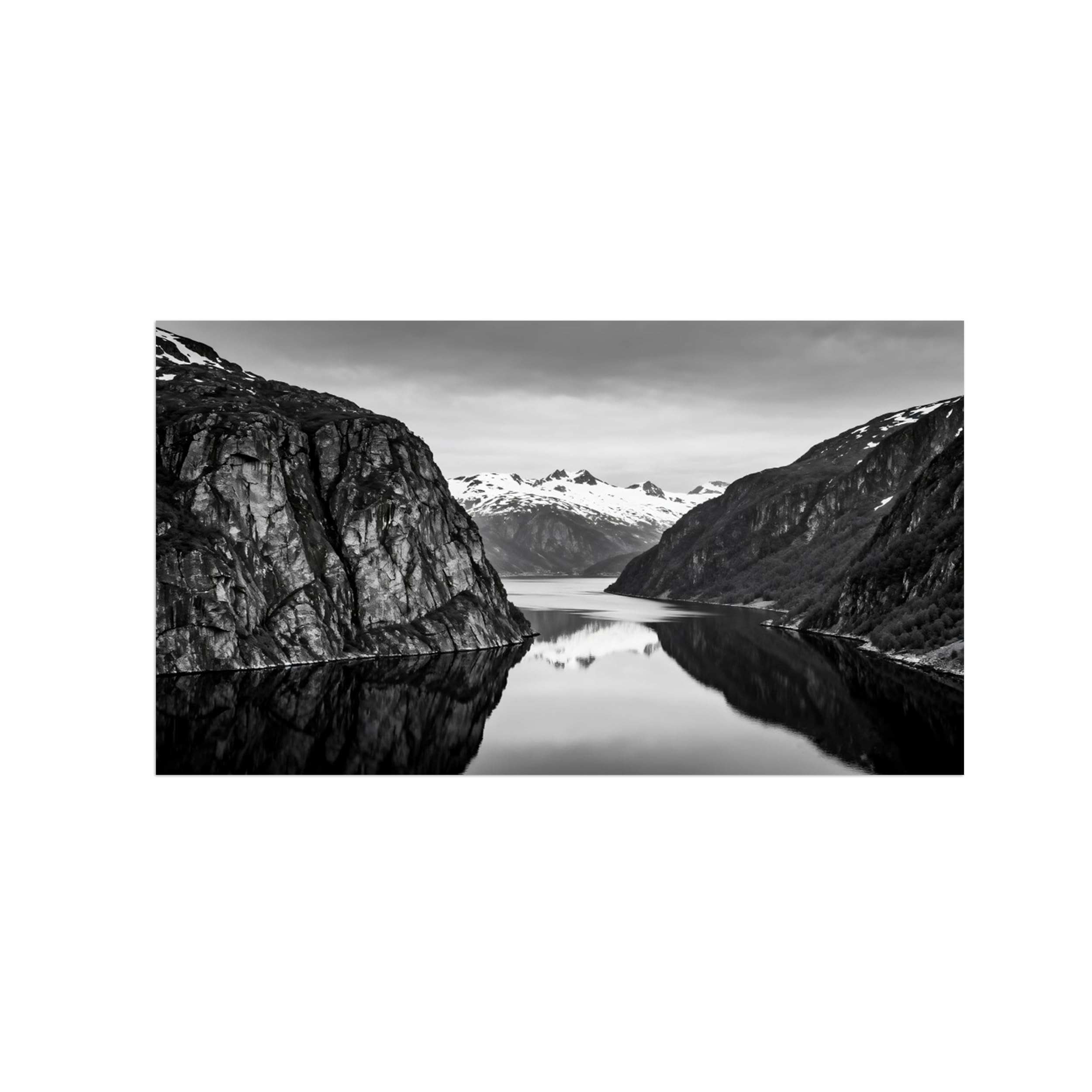 Black White Landscape Wall Art. Mountain Lake 2. Picture 20x35cm Framed