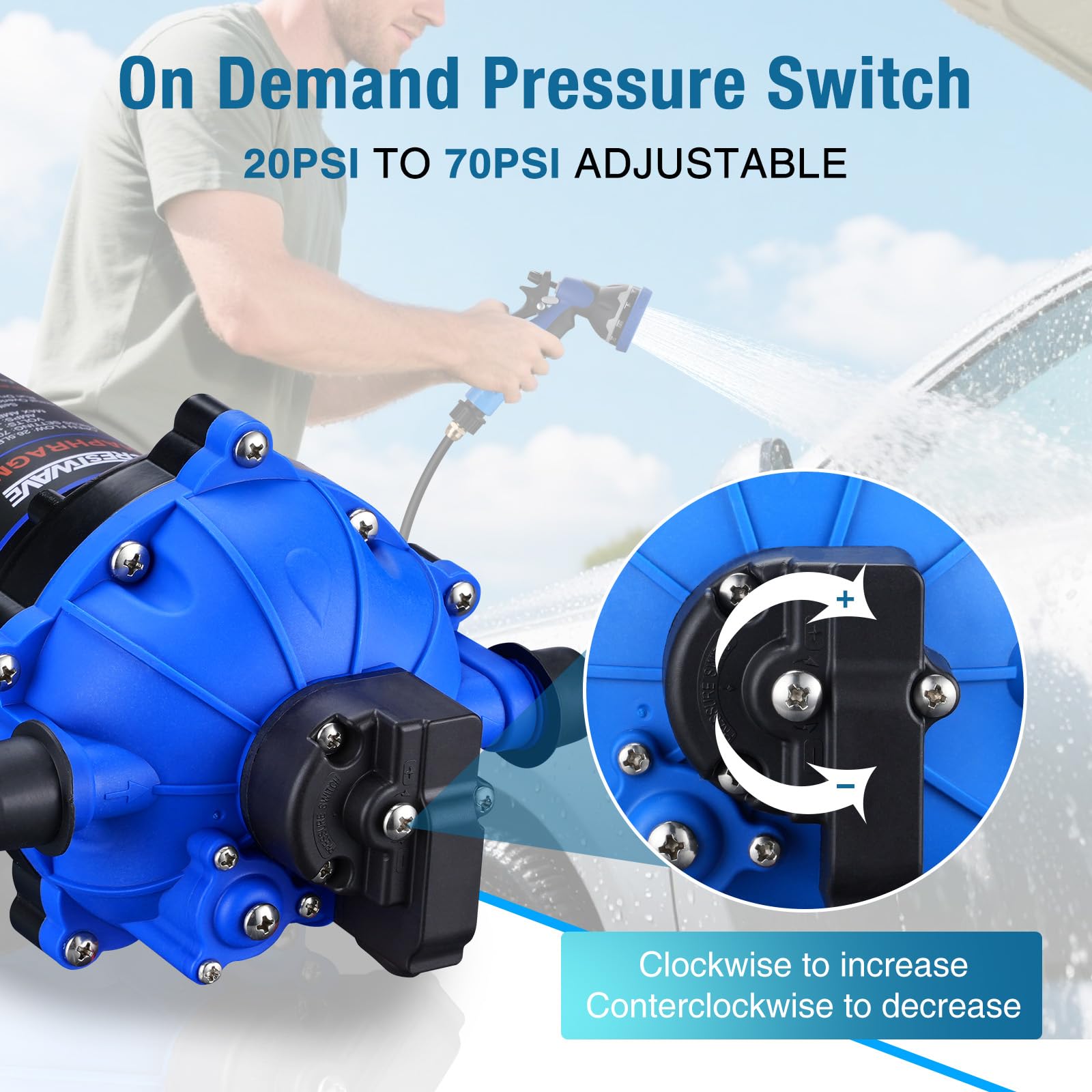 CrestWave Zestaw pompy myjącej 12 V DC, 7 GPM 70 PSI do łodzi z dyszą natryskową, 5-komorowa samozasysająca membranowa pompa wodna z przełącznikiem ciśnieniowym i sitkiem do łodzi, kamperów, morskich