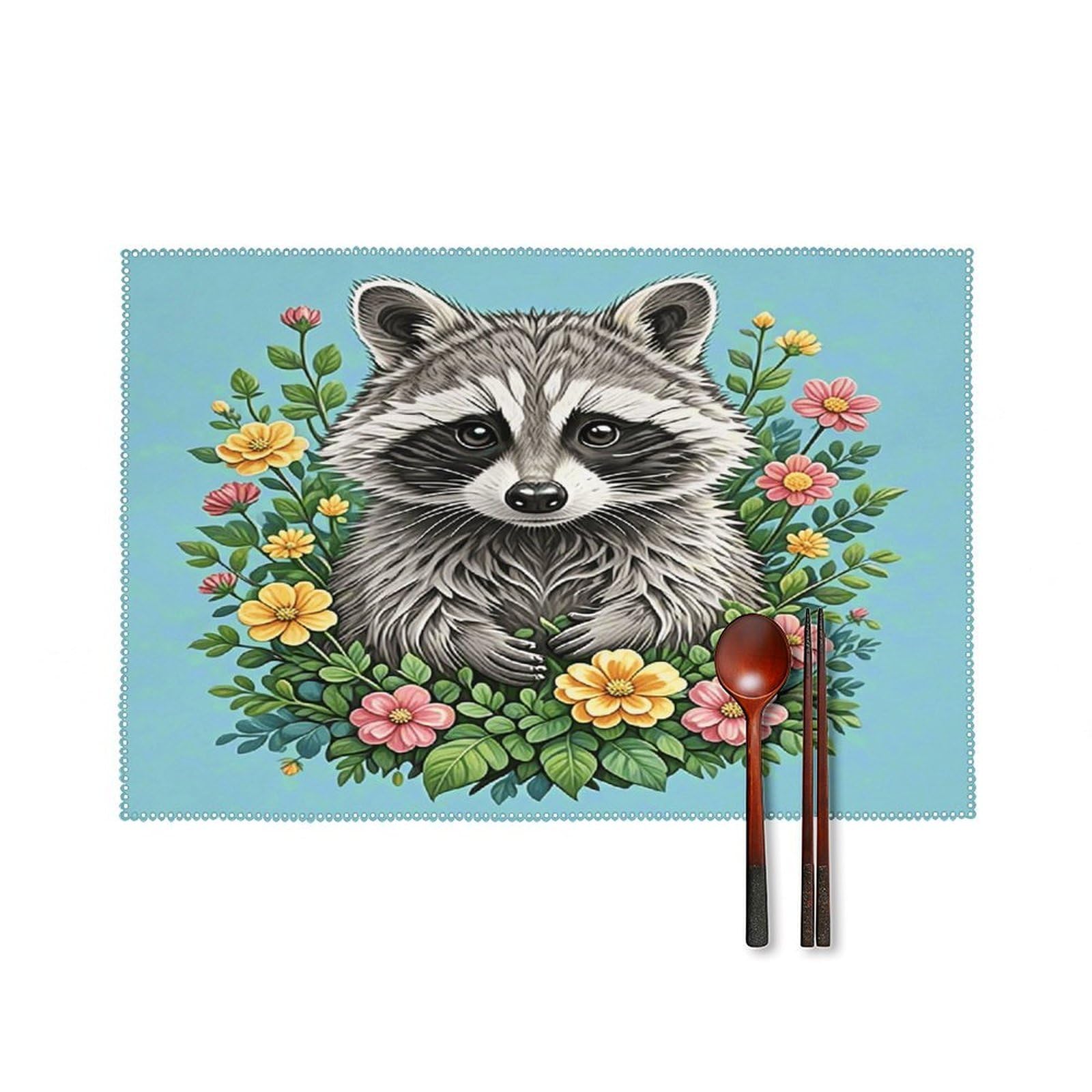 Raccoon Placemats Set of 6 Non-Slip Stain Resistant Indoor Outdoor Table Mat Washable Cloth Place Mat Fashion Kitchen Placemat for Dining Table Decoration 17.7x11.8 in