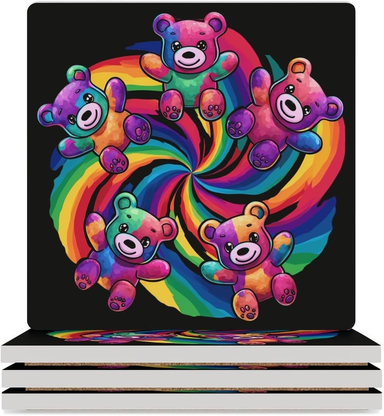 Tie-Dye Candy Bears Coaster for Drinks Square Ceramic Table Coasters Stone Mat Crafts 6PCS Home Kitchen Decor