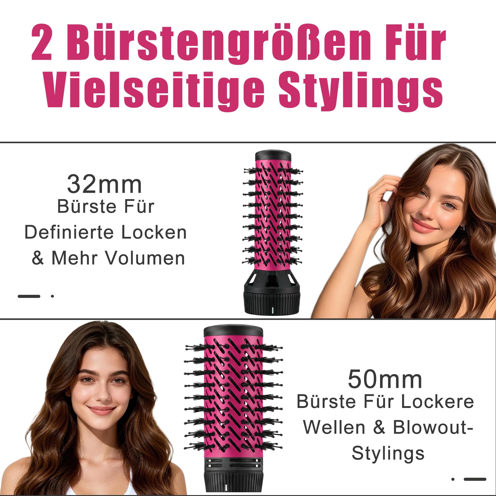 VGR 480 Rundbürste Profi 2 in 1 Föhnbürste Mit 32mm 50mm Für Salon, Rot | Rundbürstenföhn Mit Automatische Drehung, Rundbürste Elektrisch Mit 1200W Leistung, Rundföhnbürste Mit 360° Drehbarem