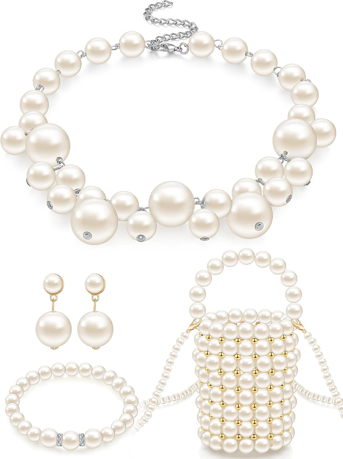 Jewelry Set for Women Pearl Beaded Purse with Chain Large Faux Pearl Necklace Dangle Earrings Choker Bracelet Set for Wedding Costume Accessories Birthday Tea Party Valentine Holiday Gift