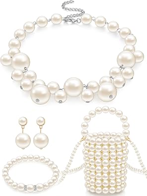 Ecation Jewelry Set for Women Pearl Beaded Purse with Chain Pearl Necklace
