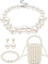Jewelry Set for Women Pearl Beaded Purse with Chain Large Faux Pearl Necklace Dangle Earrings Choker Bracelet Set for Wedding Costume Accessories Birthday Tea Party Valentine Holiday Gift