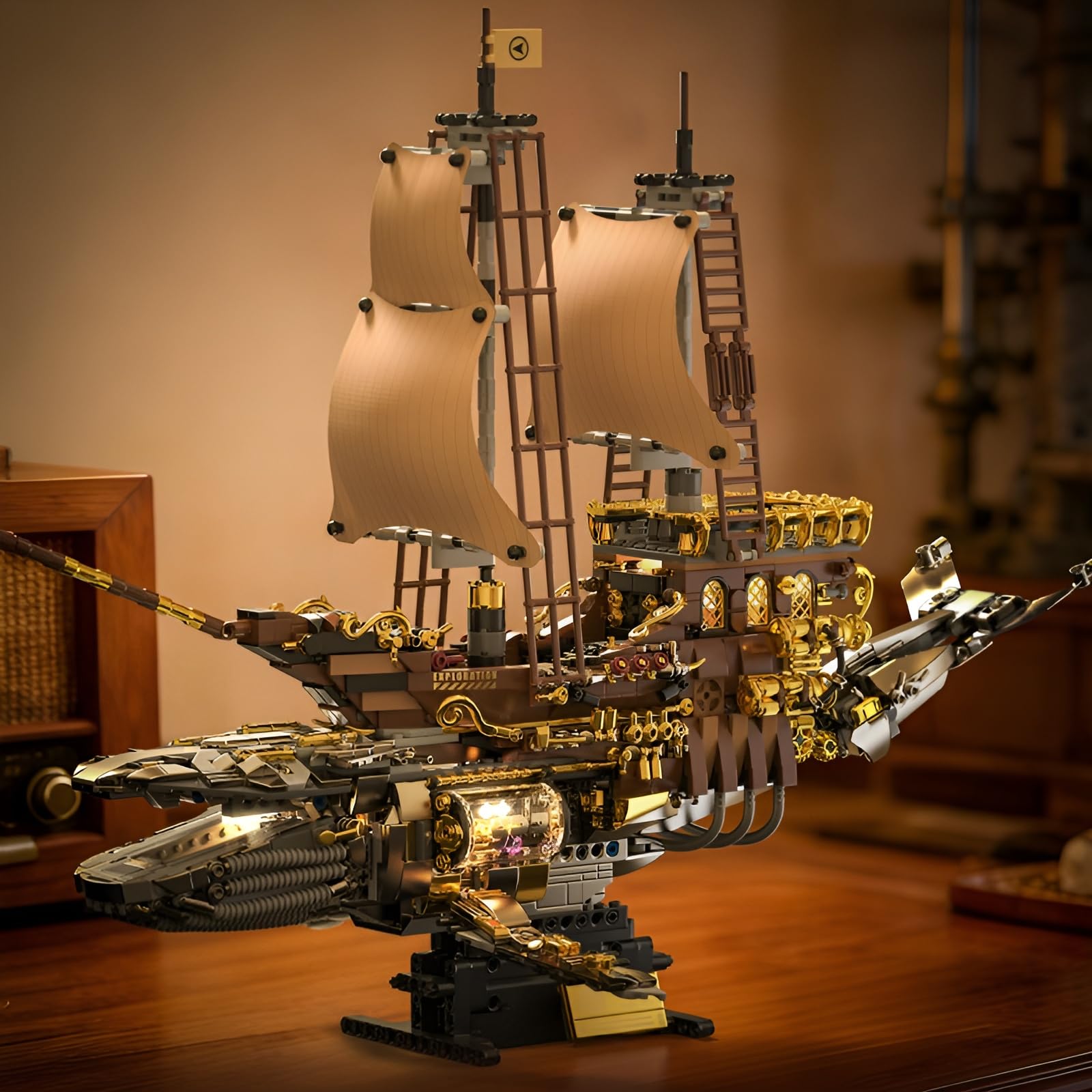 Steampunk Luftschiff Bausteine Bausatz – 1979Stk Walförmiges Fantasie Flugschiff mit Segeln Spielzeug, Retro Piratenschiff Klemmbausteine, Mechanische Geschenke Erwachsene & Hobbyisten Heim Büro Deko