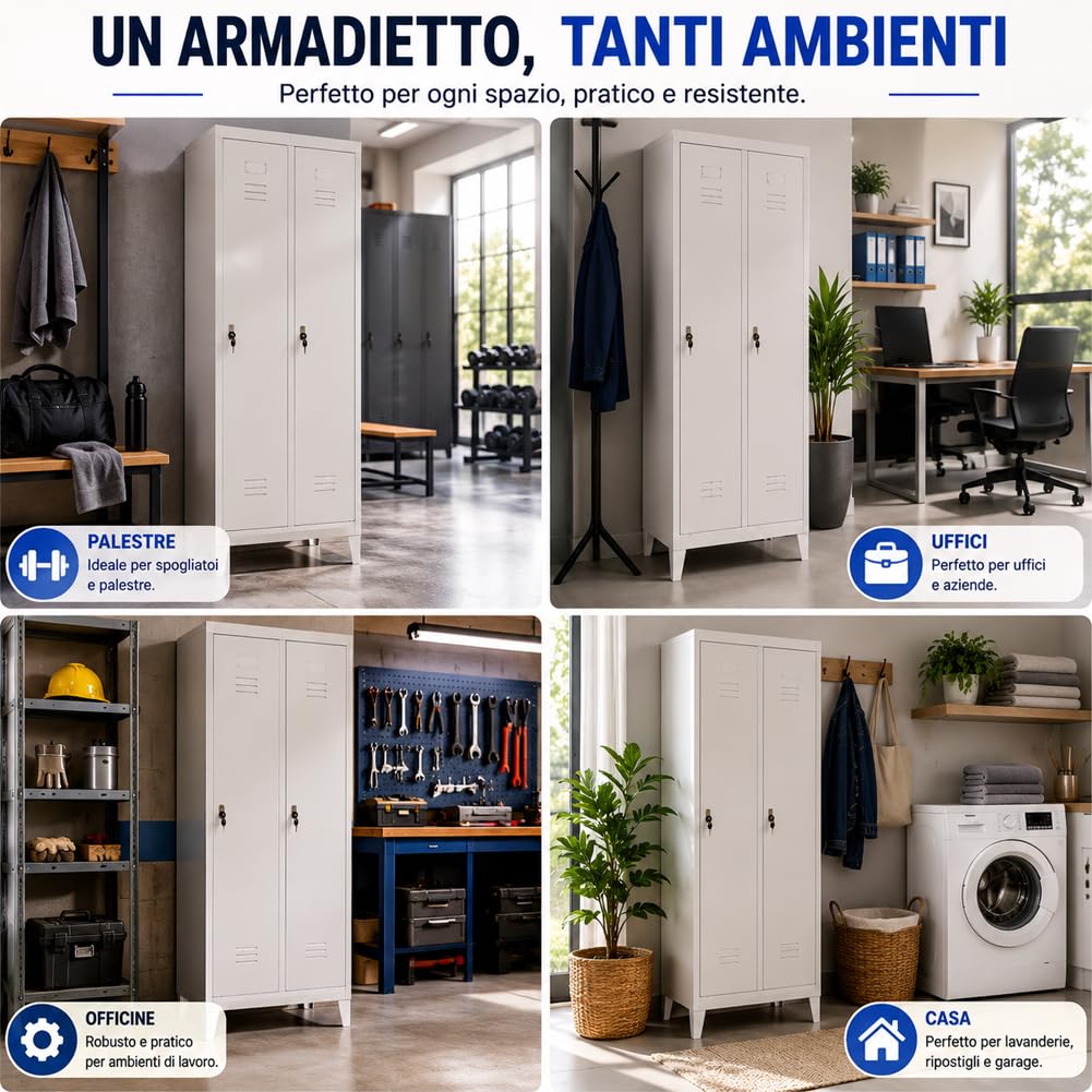 BAKAJI Armadio Metallo Spogliatoio 2 Ante con serratura 66x36x180H cm | Chiusura a Chiave, Grigio, Ripiano Superiore, Asta Appendiabiti, Salvaspazio Multiuso