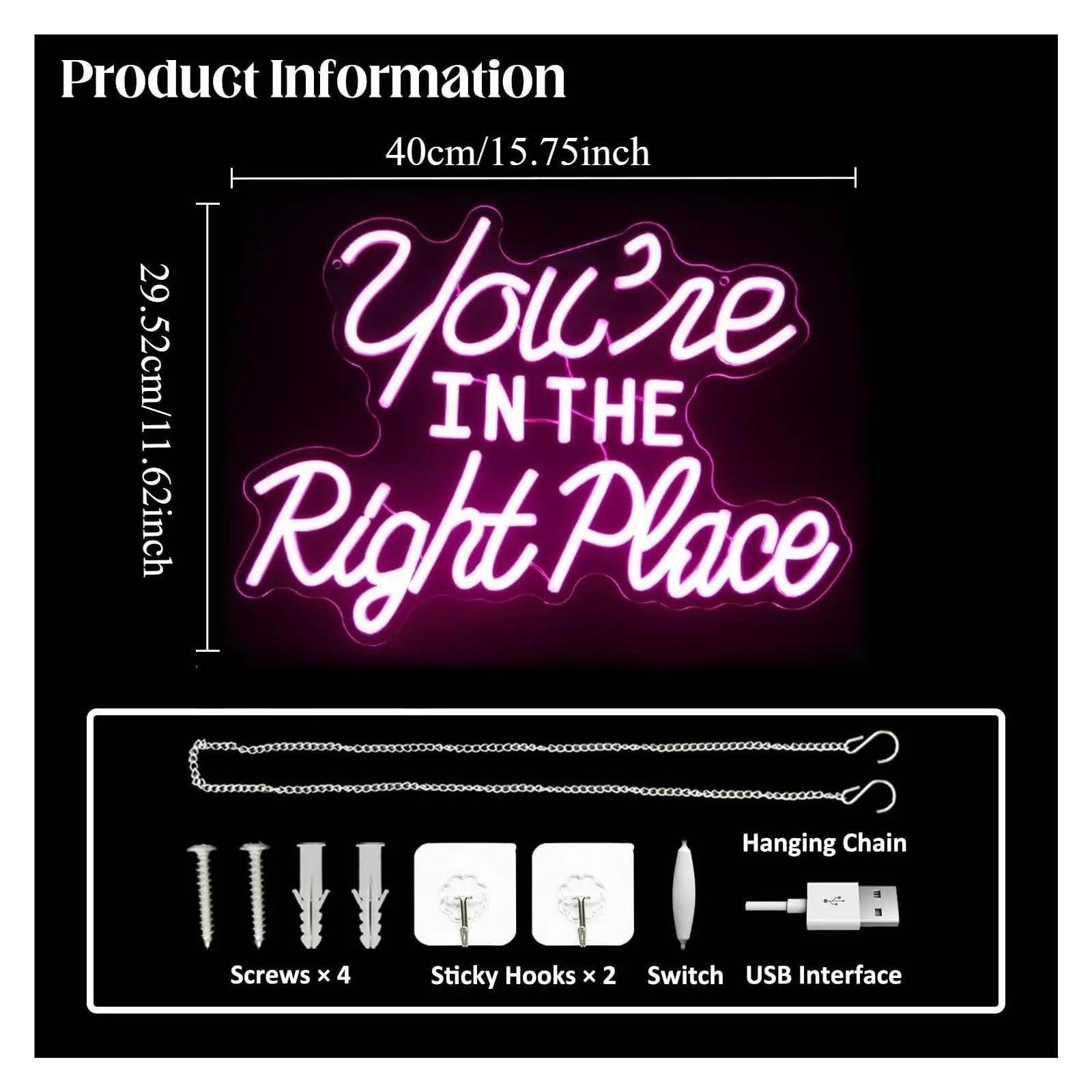 Insegna al Neon Insegna Al Neon You're In The Right Place | Luce LED Dimmerabile USB Per Camera Da Letto Soggiorno Salone Ufficio Palestra Decorazioni 40cmx29.52cm