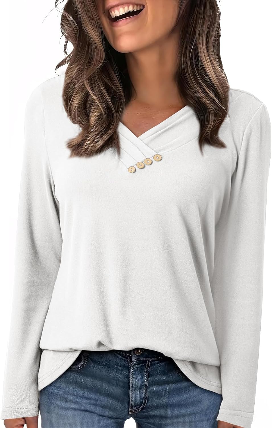SHEWIN Long Sleeve Tunic Tops for Women Casual V Neck Pleated Button Warm Tee Shirts Sweatshirt Lightweight