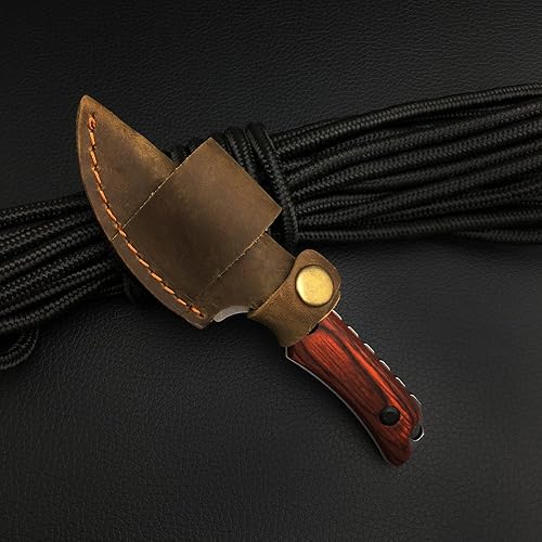 Miniatura 8 de Cuchillo de hoja fija de 6.3 pulgadas con funda de cuero, hoja 8Cr13Mov, mango de madera de espiga completa, cuchillo de caza EDC para hombres