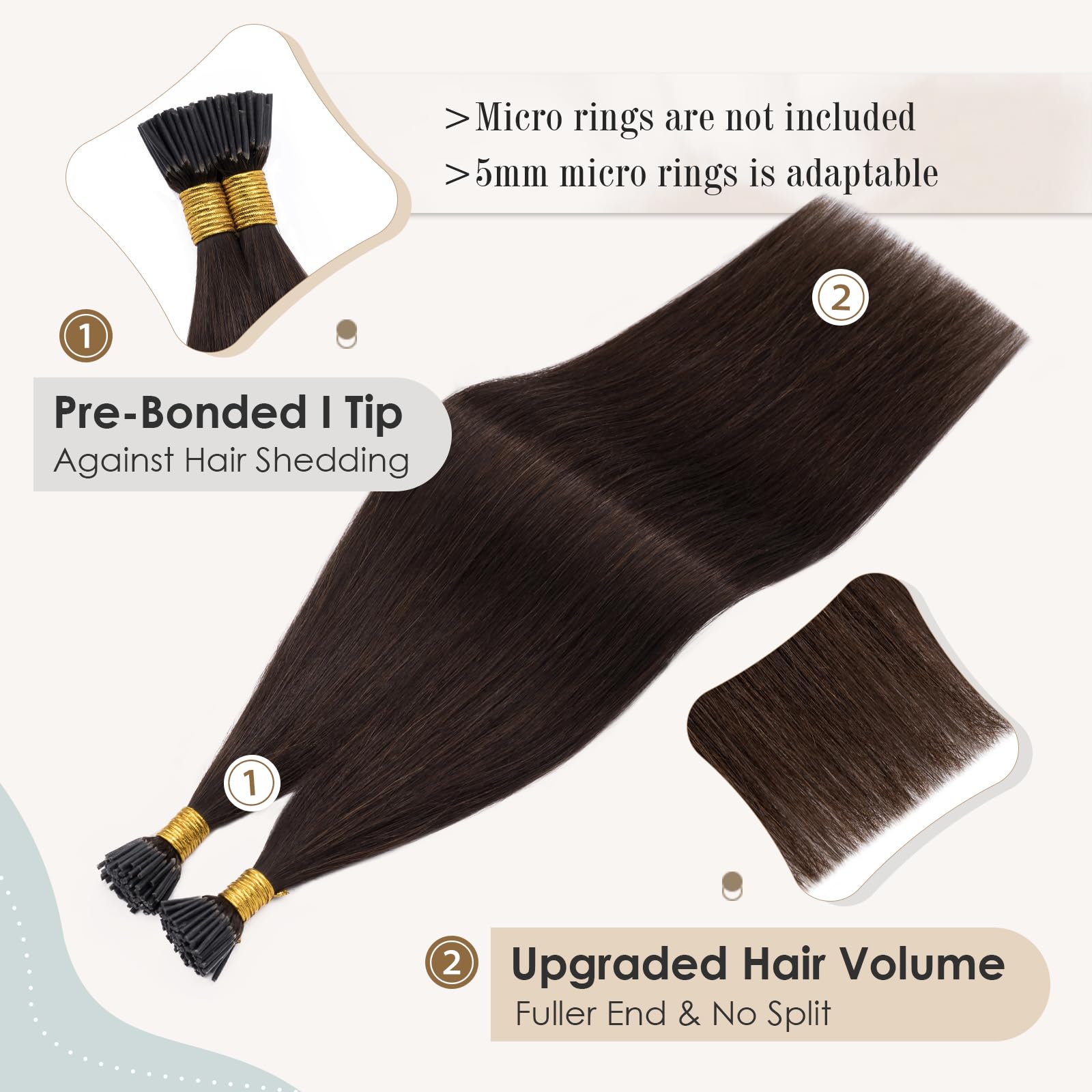 Elailite Pre Bonded I Tip Hair Extensions Real Human Hair - Keratin Remy Hair Extension 100 Strands 50g (#2 Dark Brown, 18 Inch) - Image 3