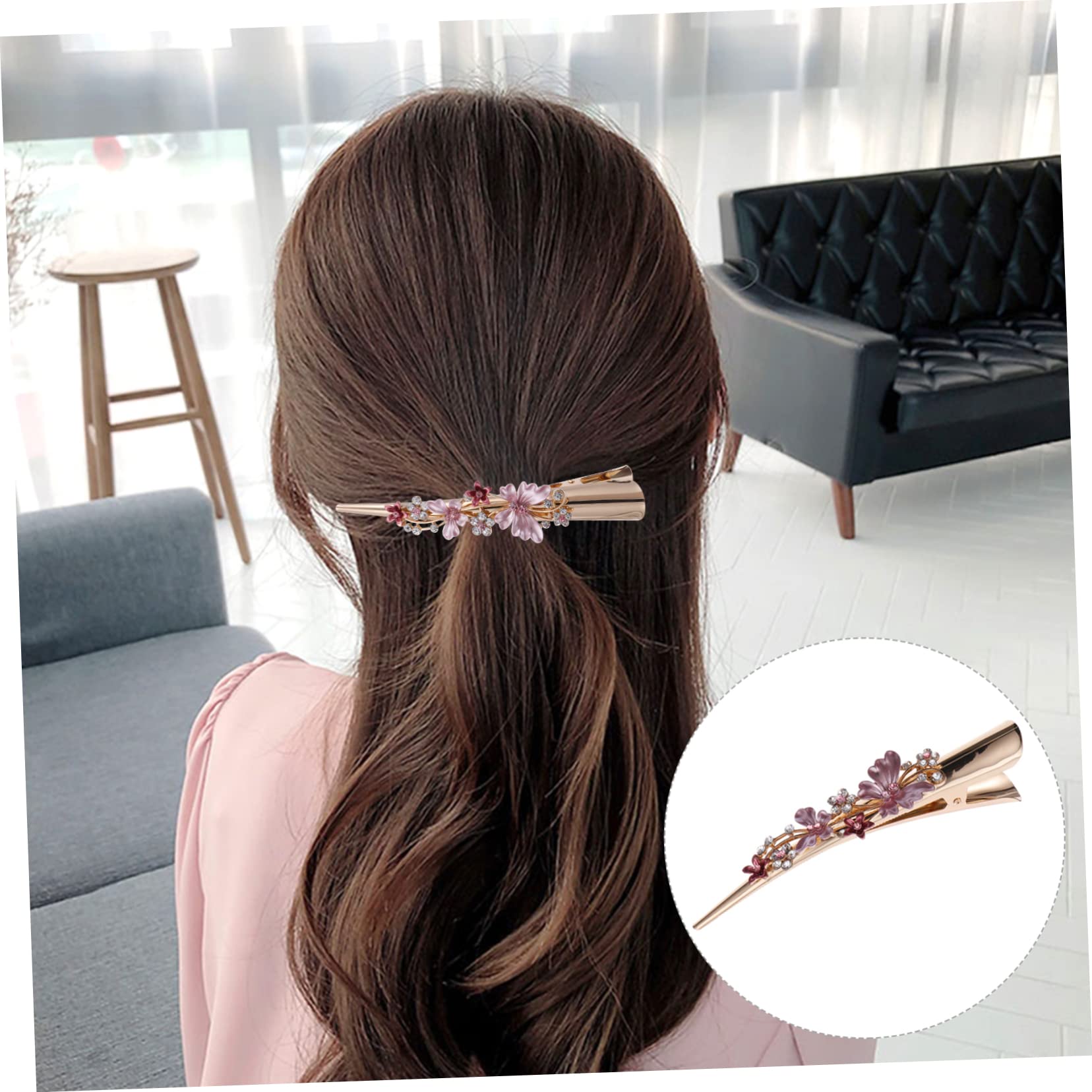 minkissy 1Pcs Rhinestone Alligator Hair Clip Metal Butterfly Hair Barrette Long Clip Vintage French Barrette Duckbill Hair Clip Hair Styling Accessories for Women Girls (Pink) - Image 4