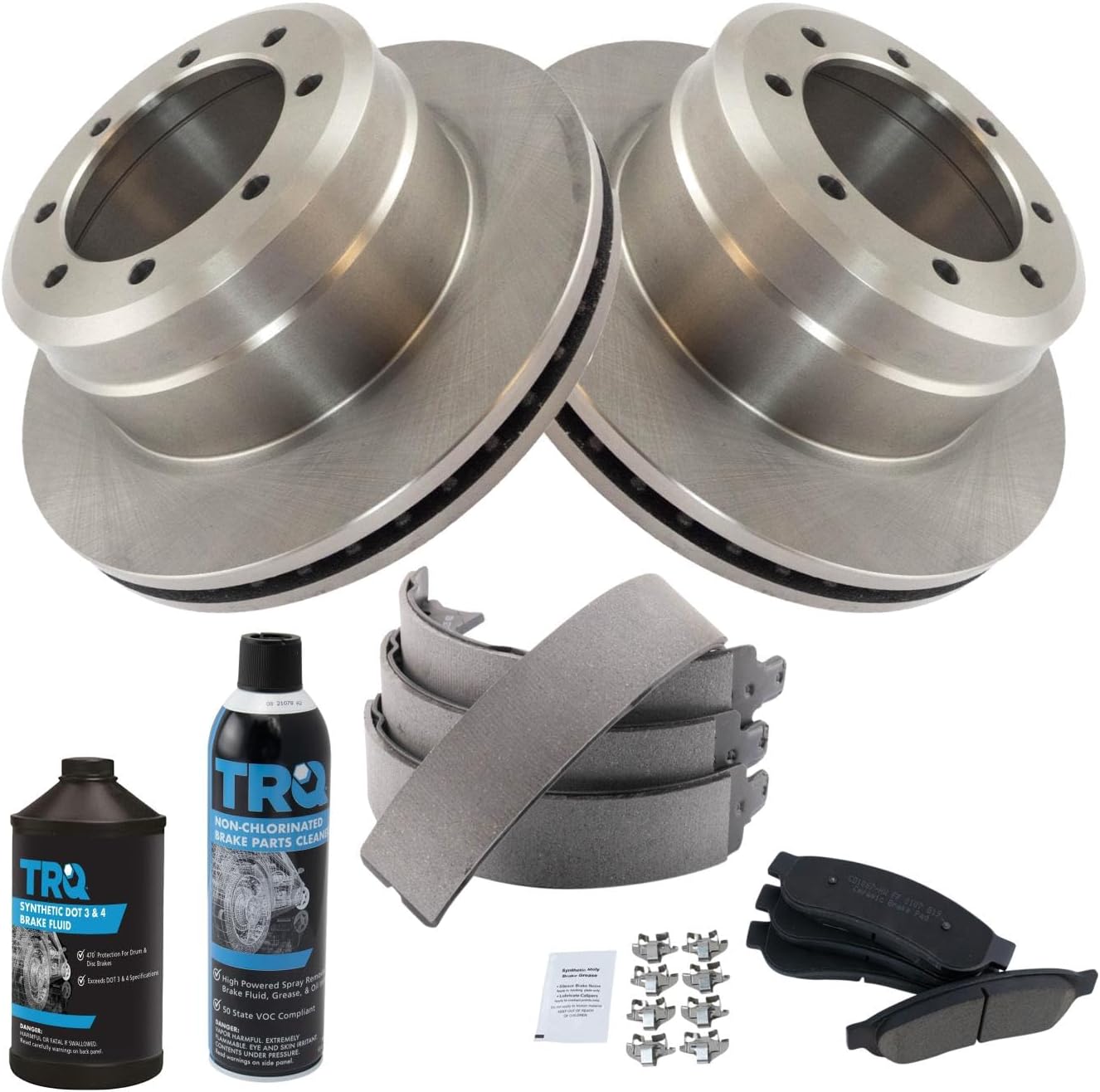 TRQ Rear Brake Pad & Rotor Kit Brake Chemical Kit Brake Pads Brake Rotor Parking Brake Shoe Set Ceramic Compatible with 2005-2012 Ford F-350 Super Duty 2011-2012 F-450 Super Duty