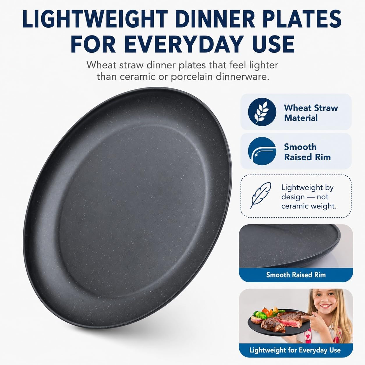 MISS BIG Wheat Straw Plates Set of 4, 10 Inch Black Dinner Plates, BPA Free