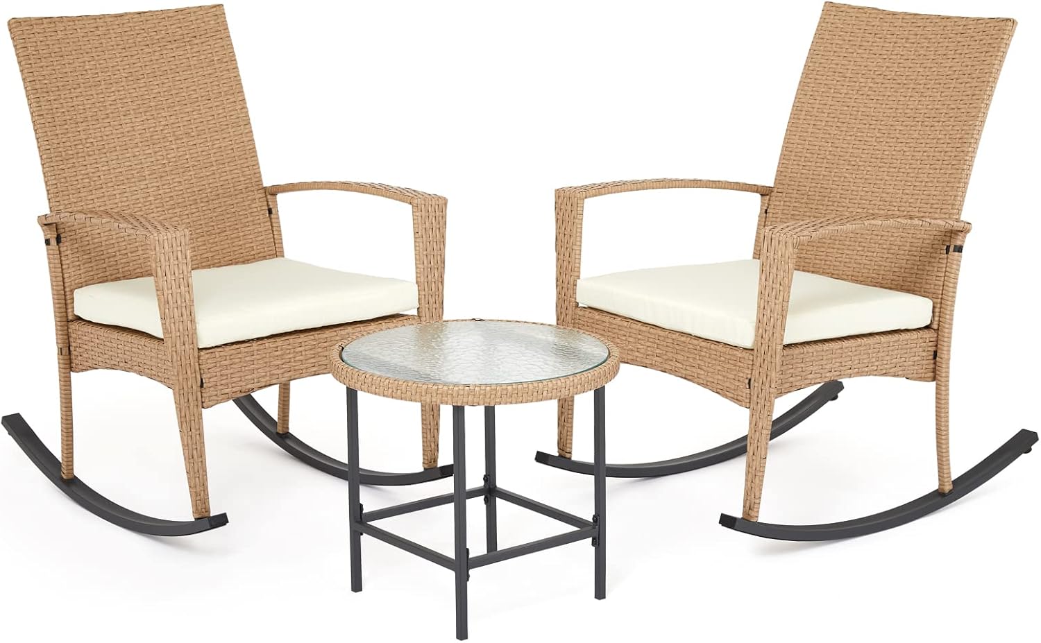 Mondeer Rattan Schaukelstuhl Set, Balkonmöbel Set 3 teilig mit 1