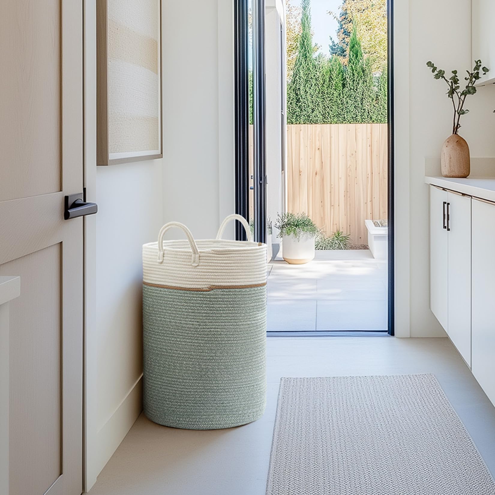 LA JOLIE MUSE Panier de rangement en corde tissée – Grand panier à linge en coton pour couverture, jouets d'enfants, vêtements de chambre d'enfant, vert lierre – 72 litres – XL